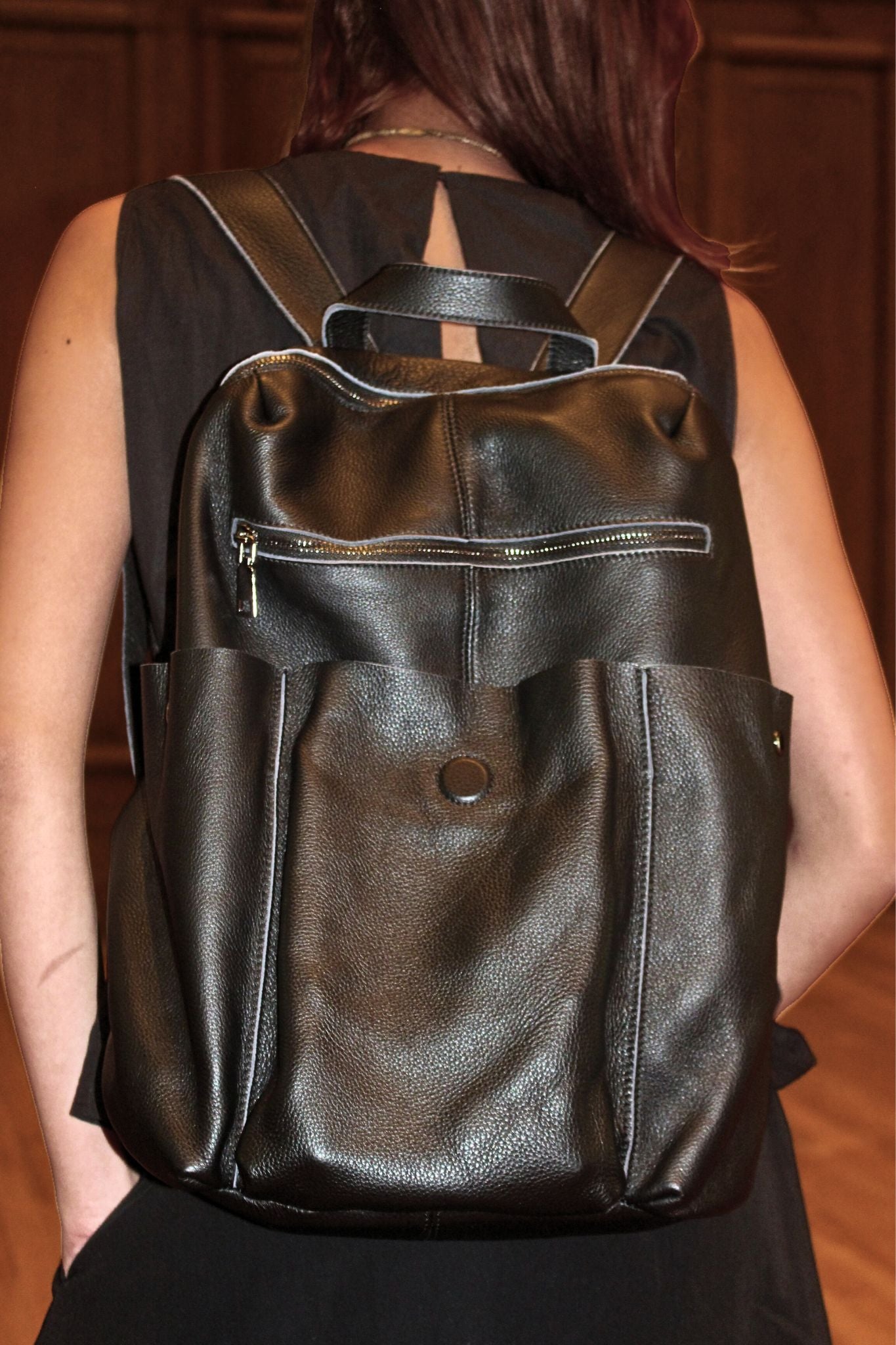 Unisex cowhide leather backpack Snap design with strap pouch