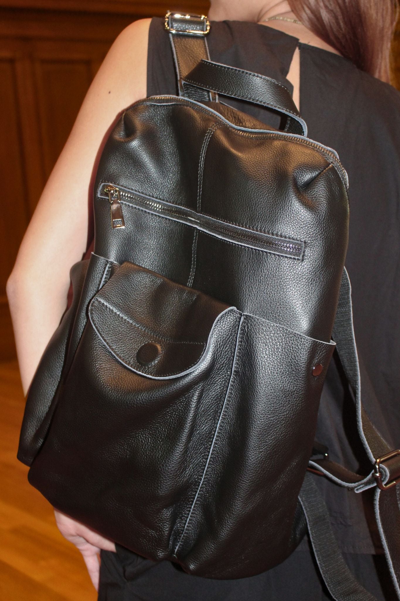 Unisex cowhide leather backpack Snap design with strap pouch
