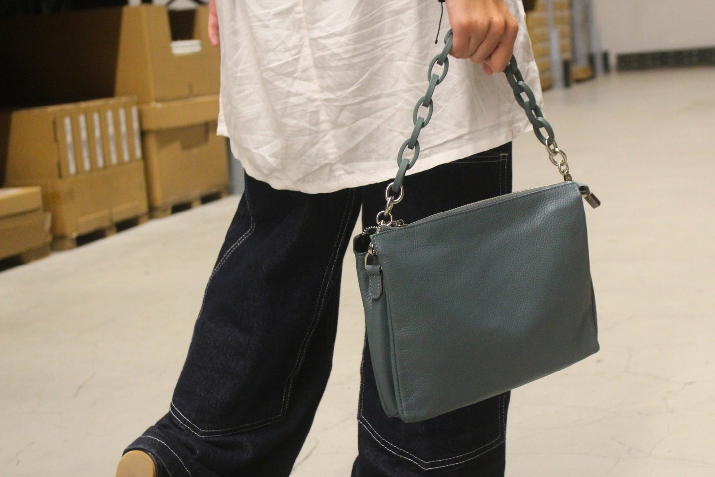 Women's genuine cowhide leather clutch handbag Vivien chain design