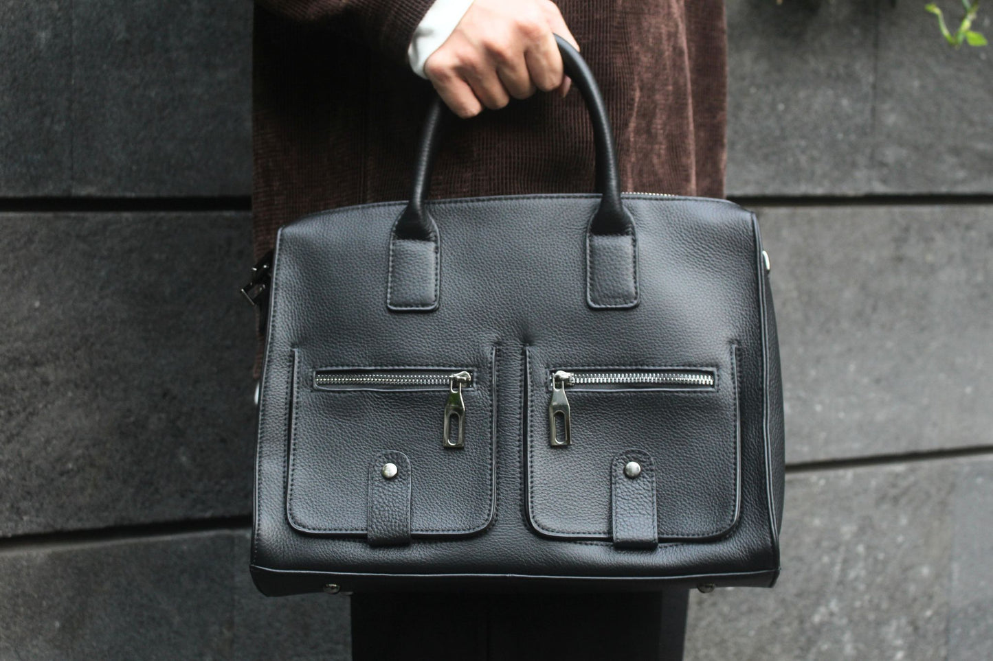 Unisex genuine cowhide leather top handle briefcase poches design