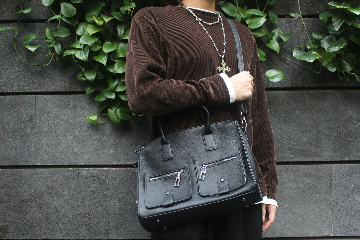 Unisex genuine cowhide leather top handle briefcase poches design