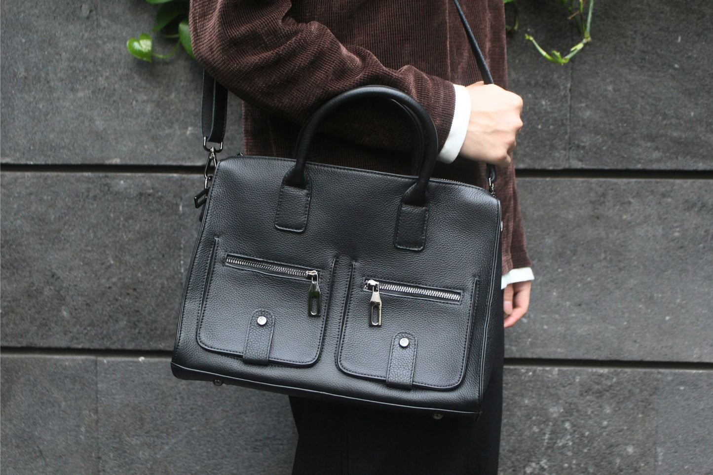 Unisex genuine cowhide leather top handle briefcase poches design
