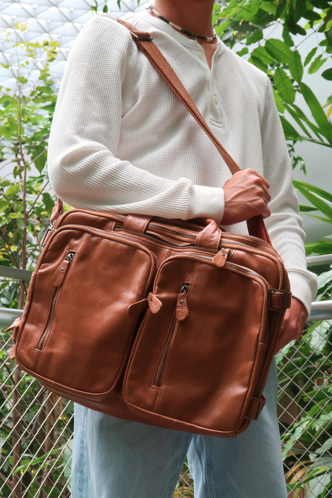 Unisex cowhide leather 3 in 1 backpack briefcase with sling