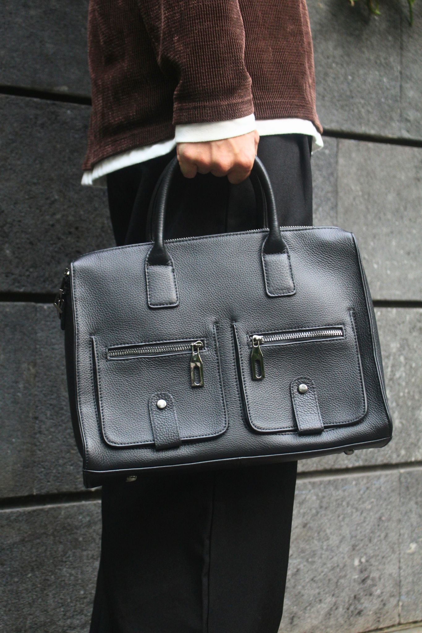 Unisex genuine cowhide leather top handle briefcase poches design
