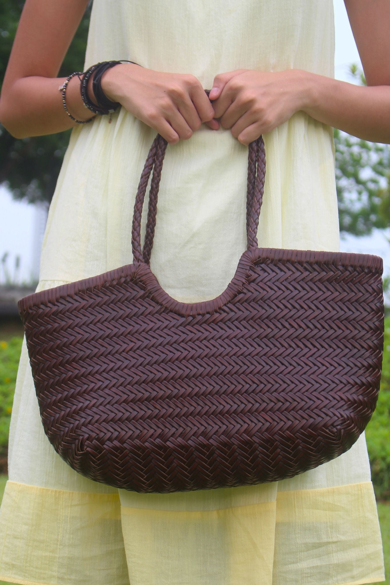 Women's handwoven genuine cowhide leather handbag Top Handle shopping tote V3