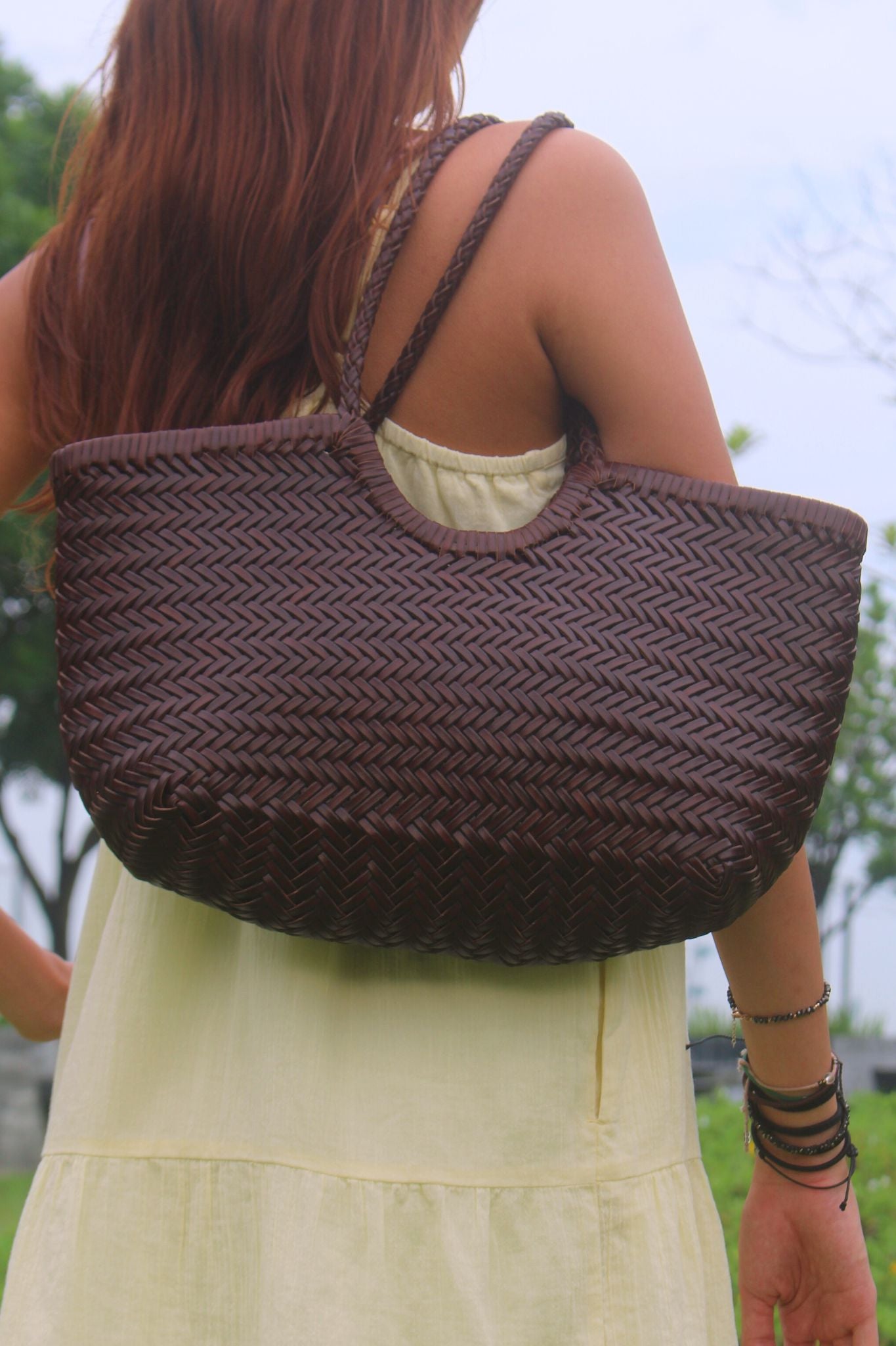Women's handwoven genuine cowhide leather handbag Top Handle shopping tote V3
