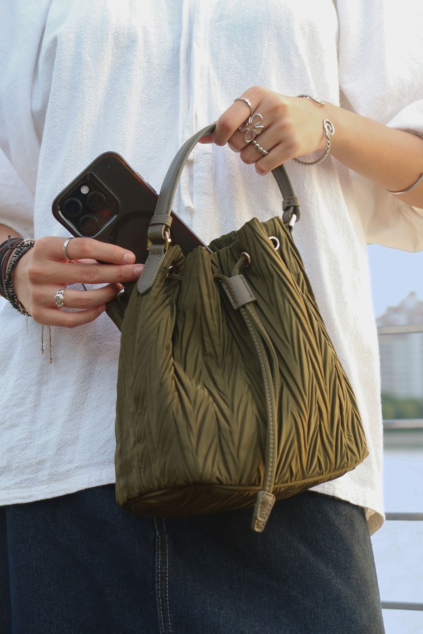 Women's nylon mix genuine cowhide leather bucket bag