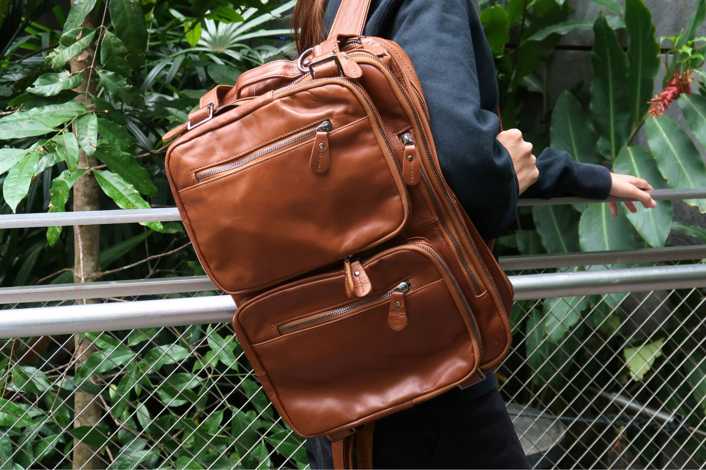 Unisex cowhide leather 3 in 1 backpack briefcase with sling
