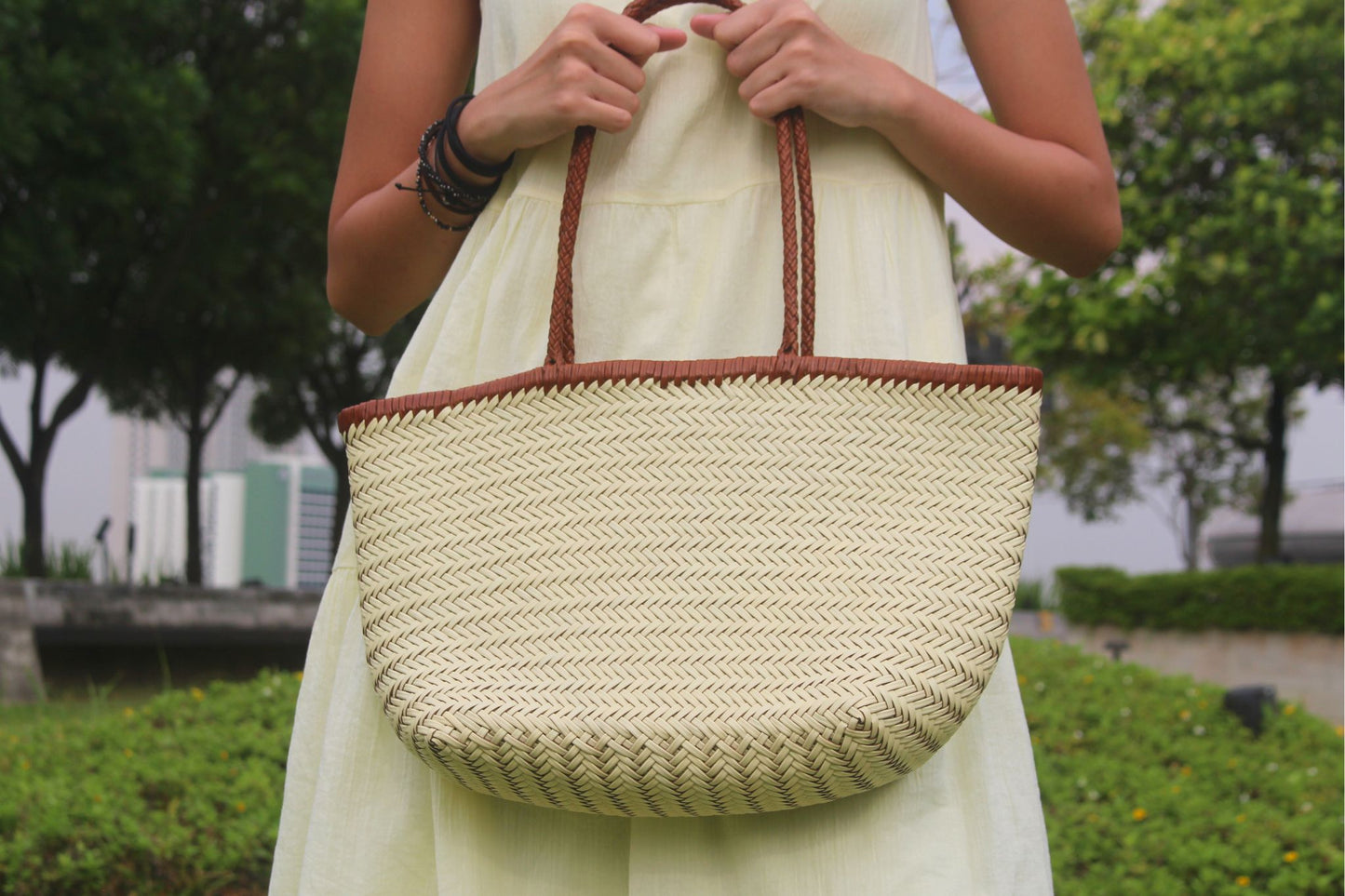 Women's handwoven genuine cowhide leather handbag Top Handle shopping tote