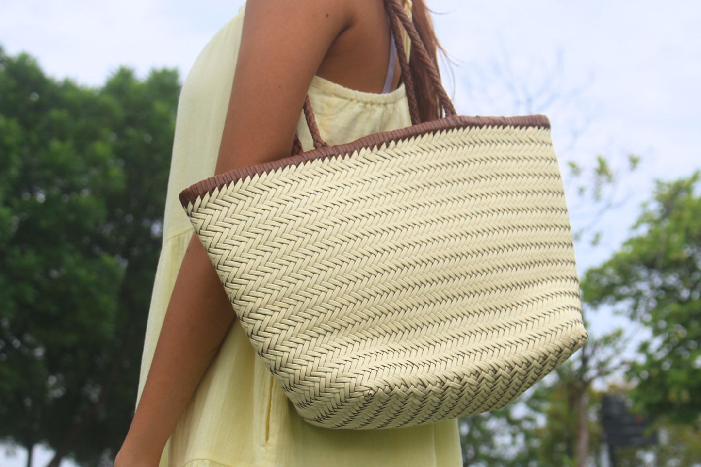Women's handwoven genuine cowhide leather handbag Top Handle shopping tote