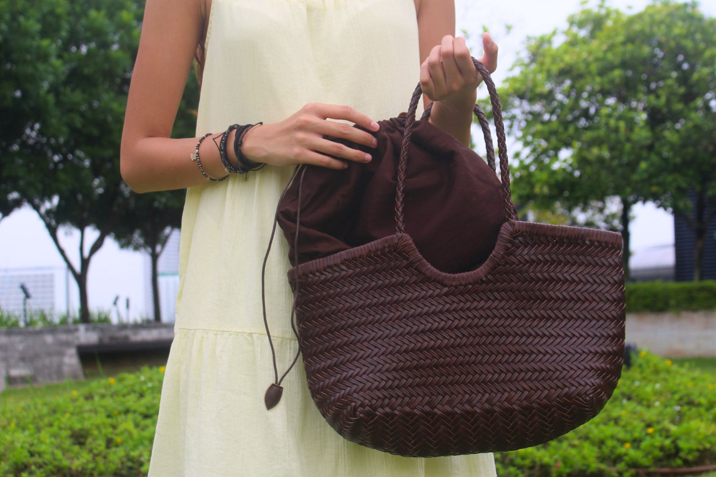 Women's handwoven genuine cowhide leather handbag Top Handle shopping tote V3