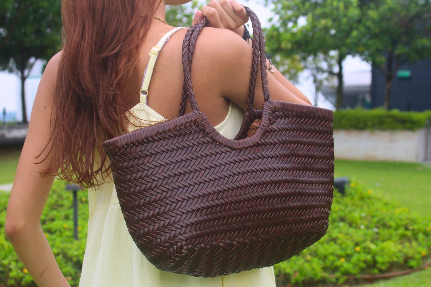 Women's handwoven genuine cowhide leather handbag Top Handle shopping tote V3