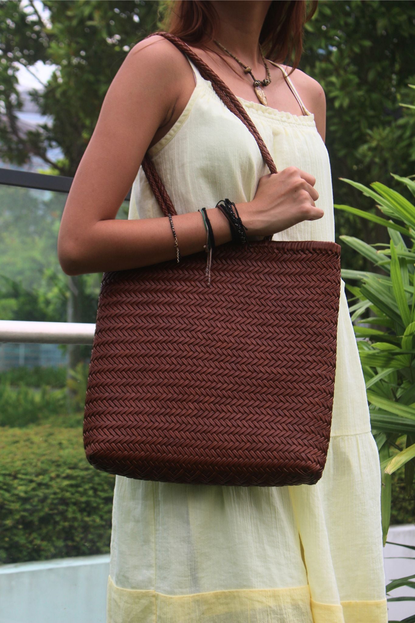 Women's handwoven genuine cowhide leather handbag Square tote