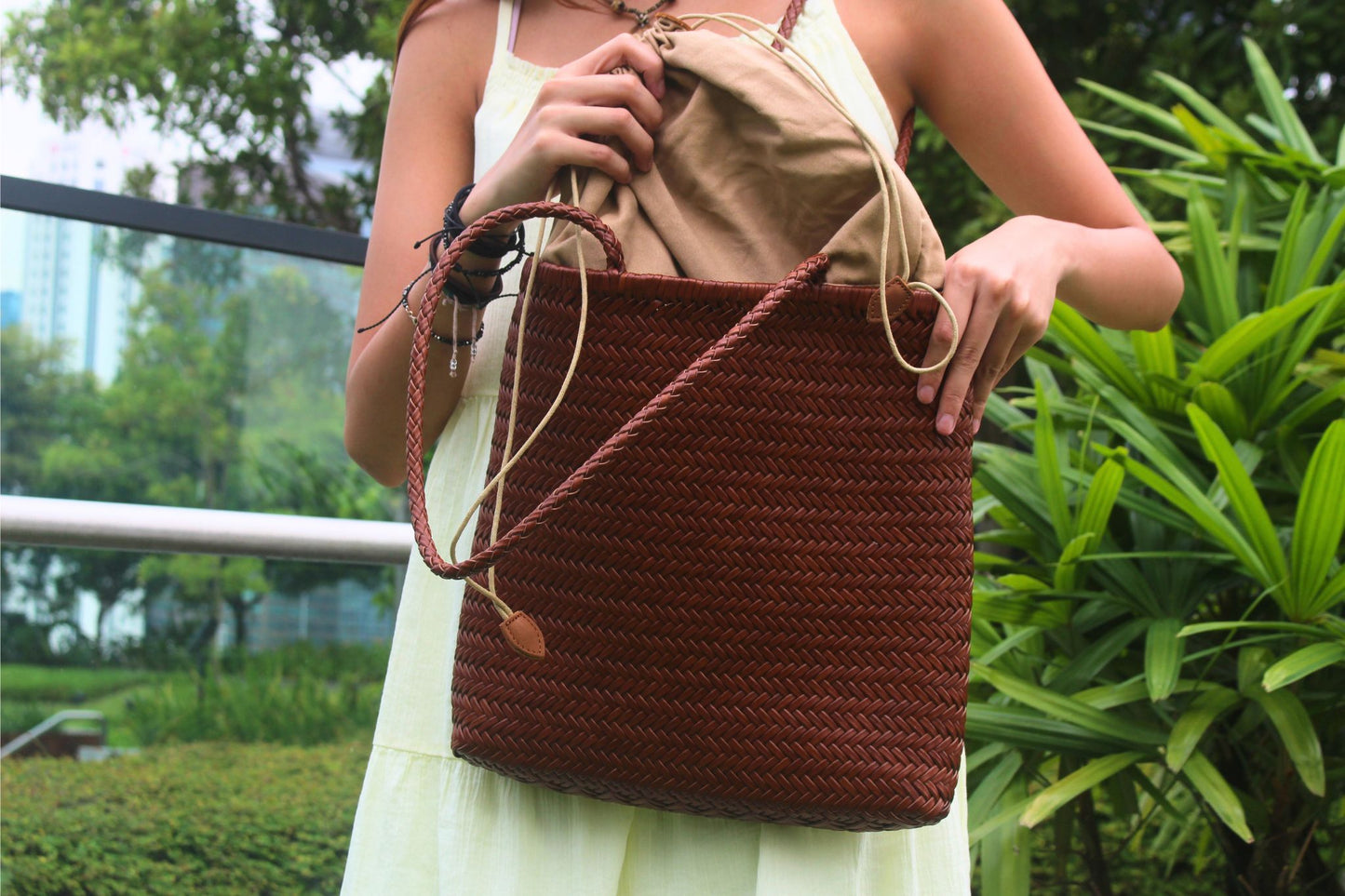 Women's handwoven genuine cowhide leather handbag Square tote