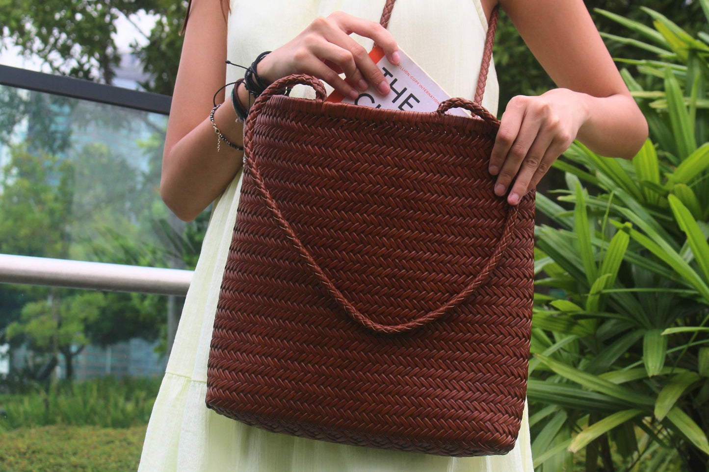 Women's handwoven genuine cowhide leather handbag Square tote
