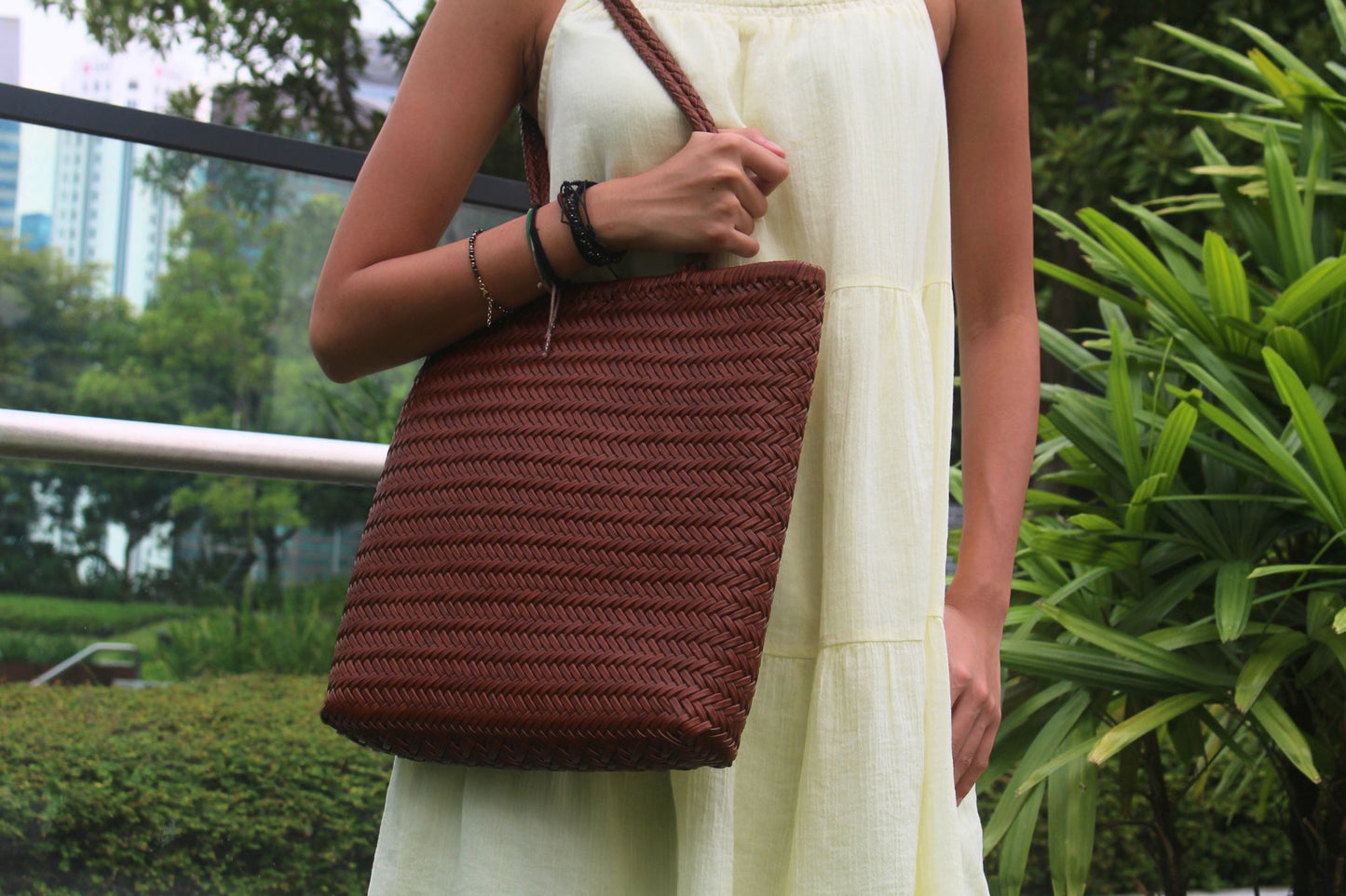 Women's handwoven genuine cowhide leather handbag Square tote
