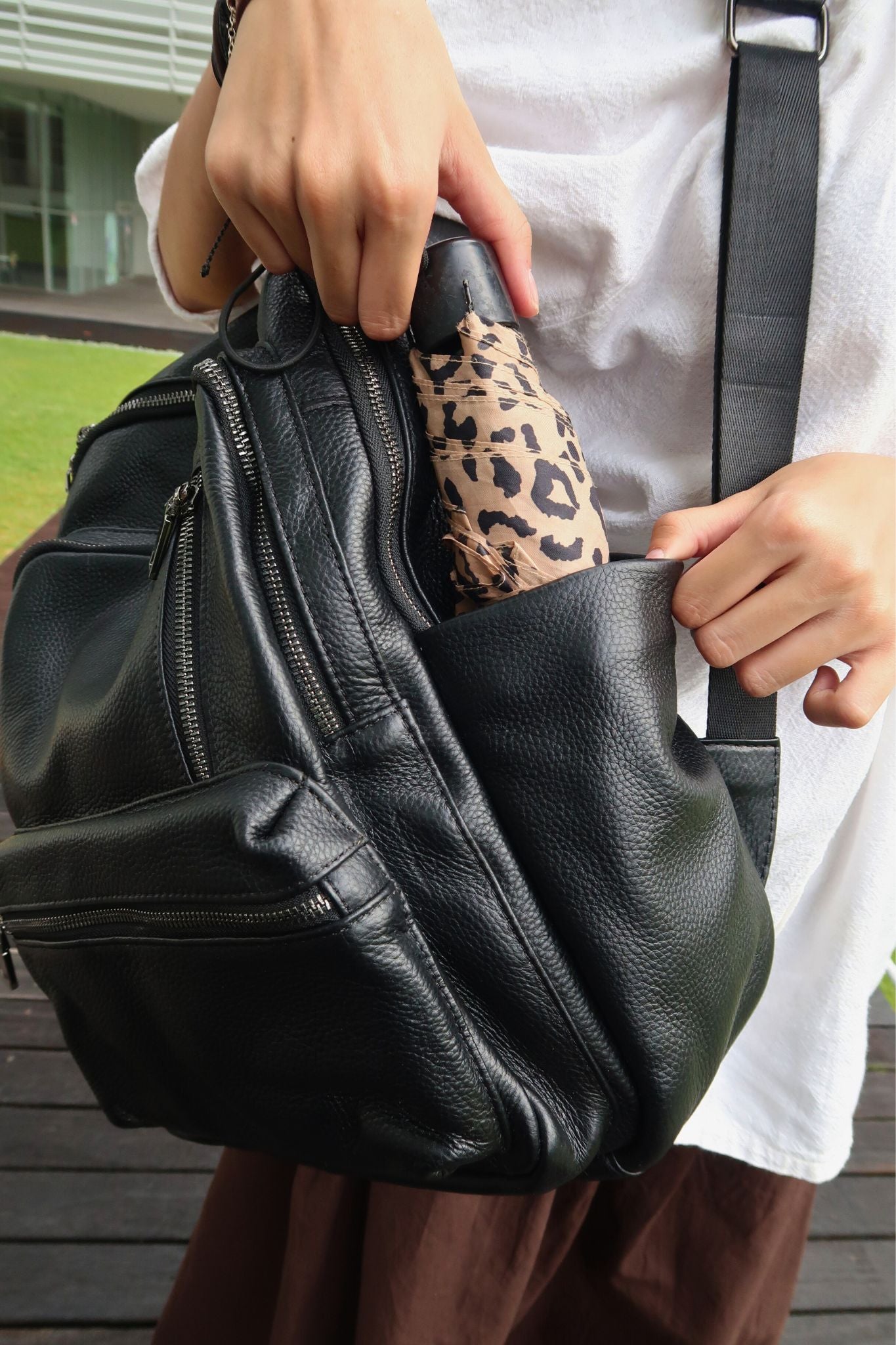 Unisex cowhide leather backpack multi zip design
