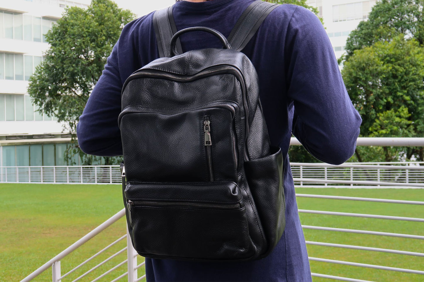Unisex cowhide leather backpack multi zip design