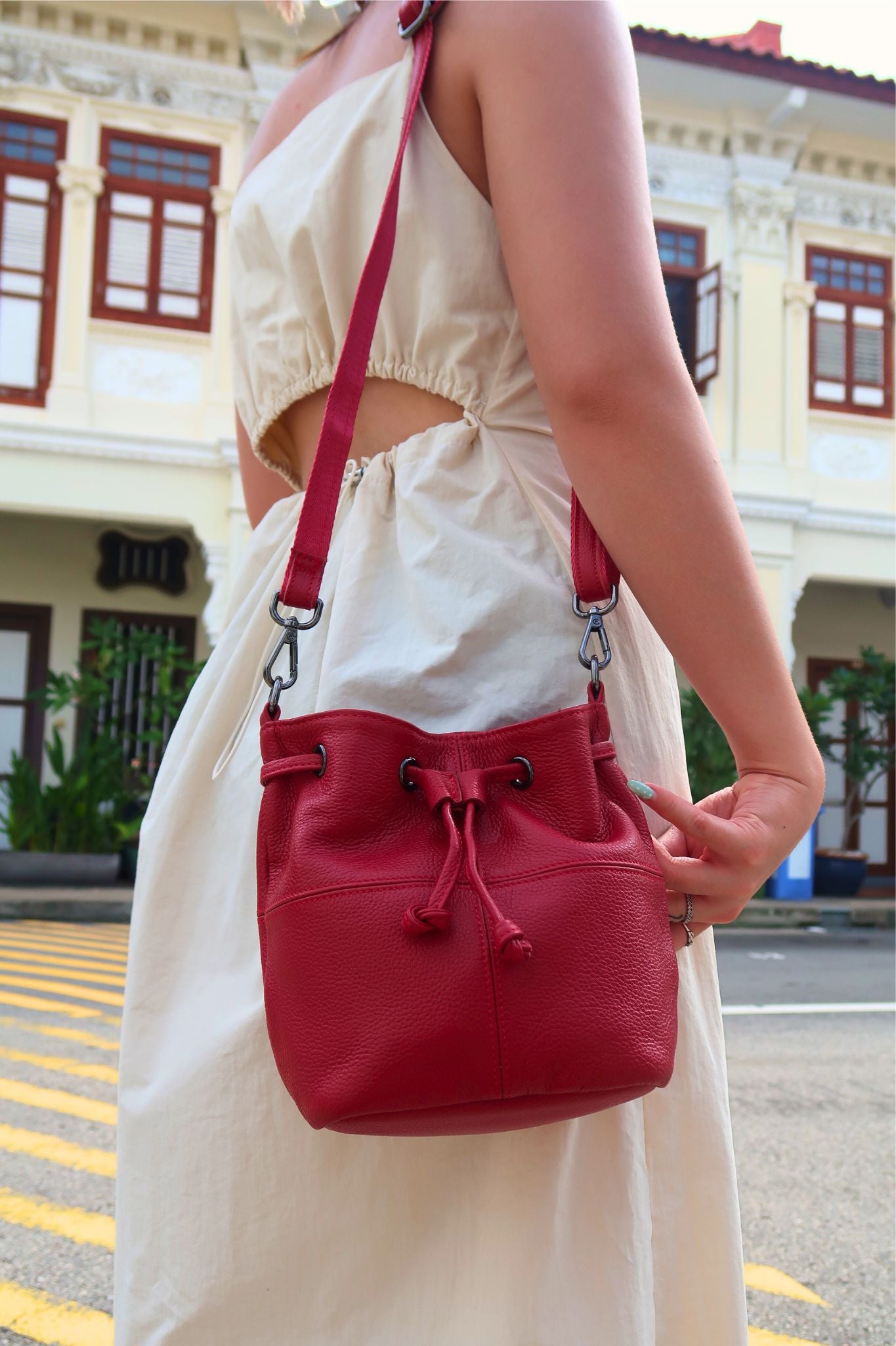 Women's genuine cowhide leather mini bucket bag with 2 straps