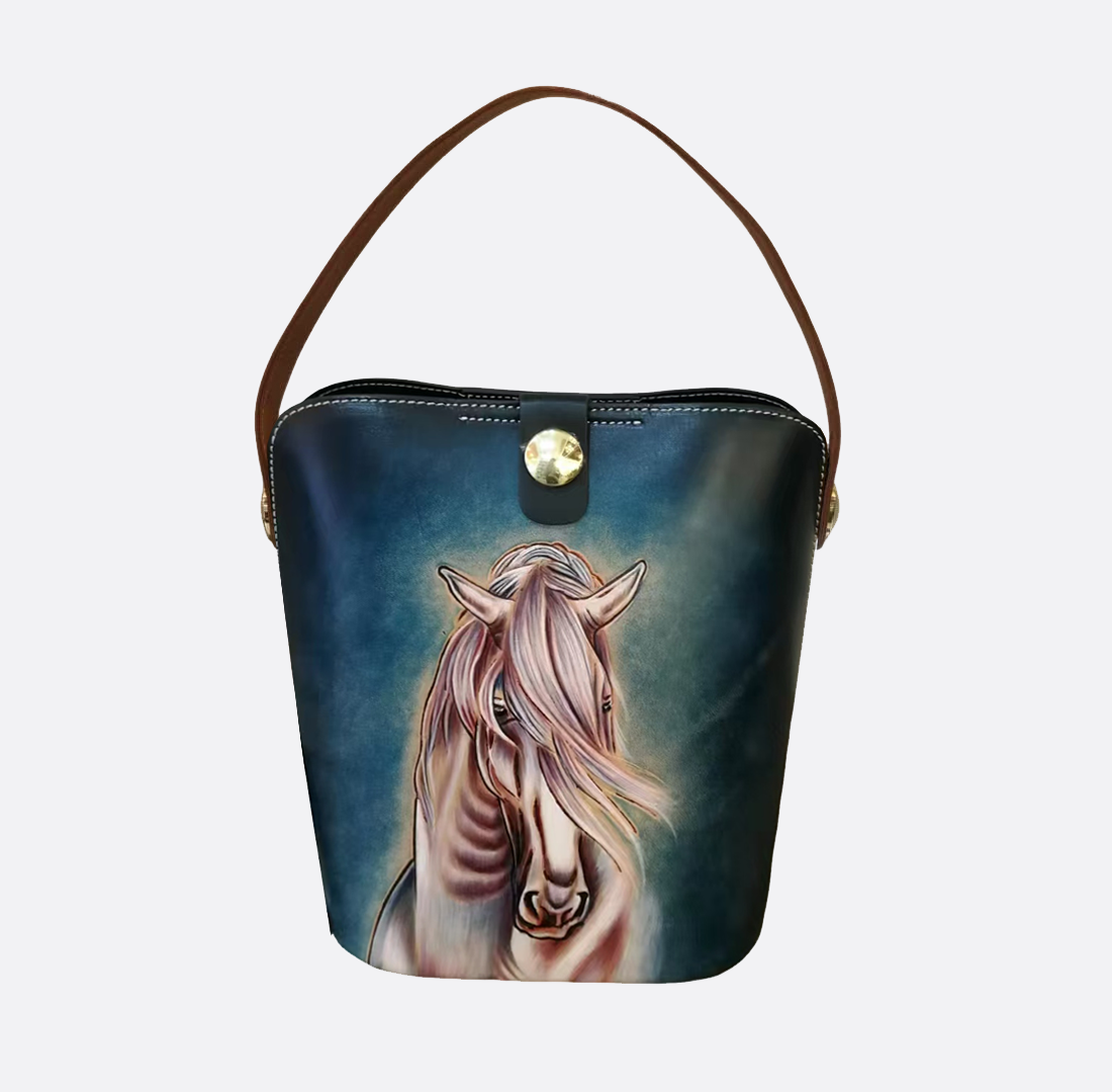 Women's genuine cowhide leather engraved Bucket bag design handbag