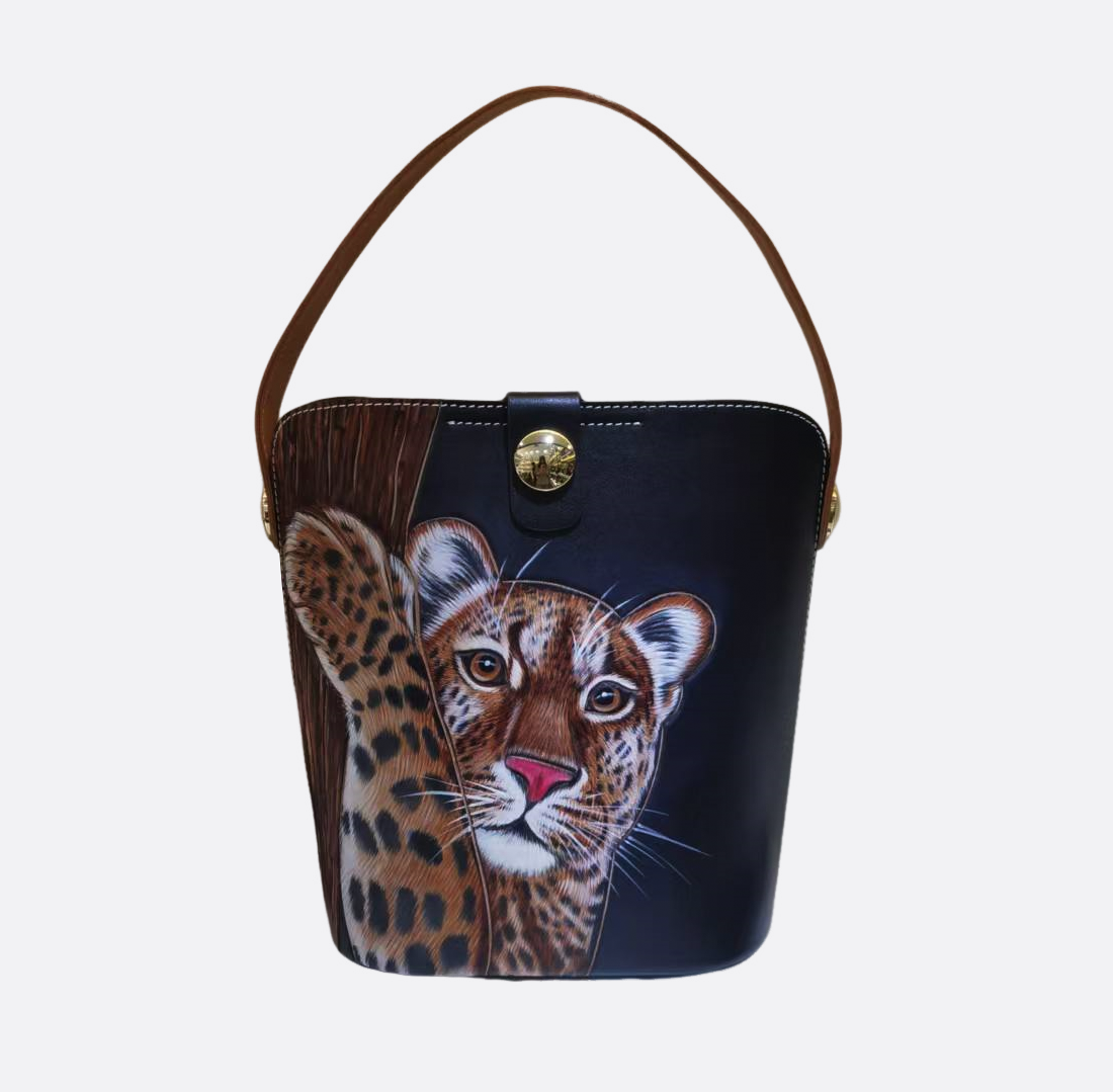 Women's genuine cowhide leather engraved Bucket bag design handbag