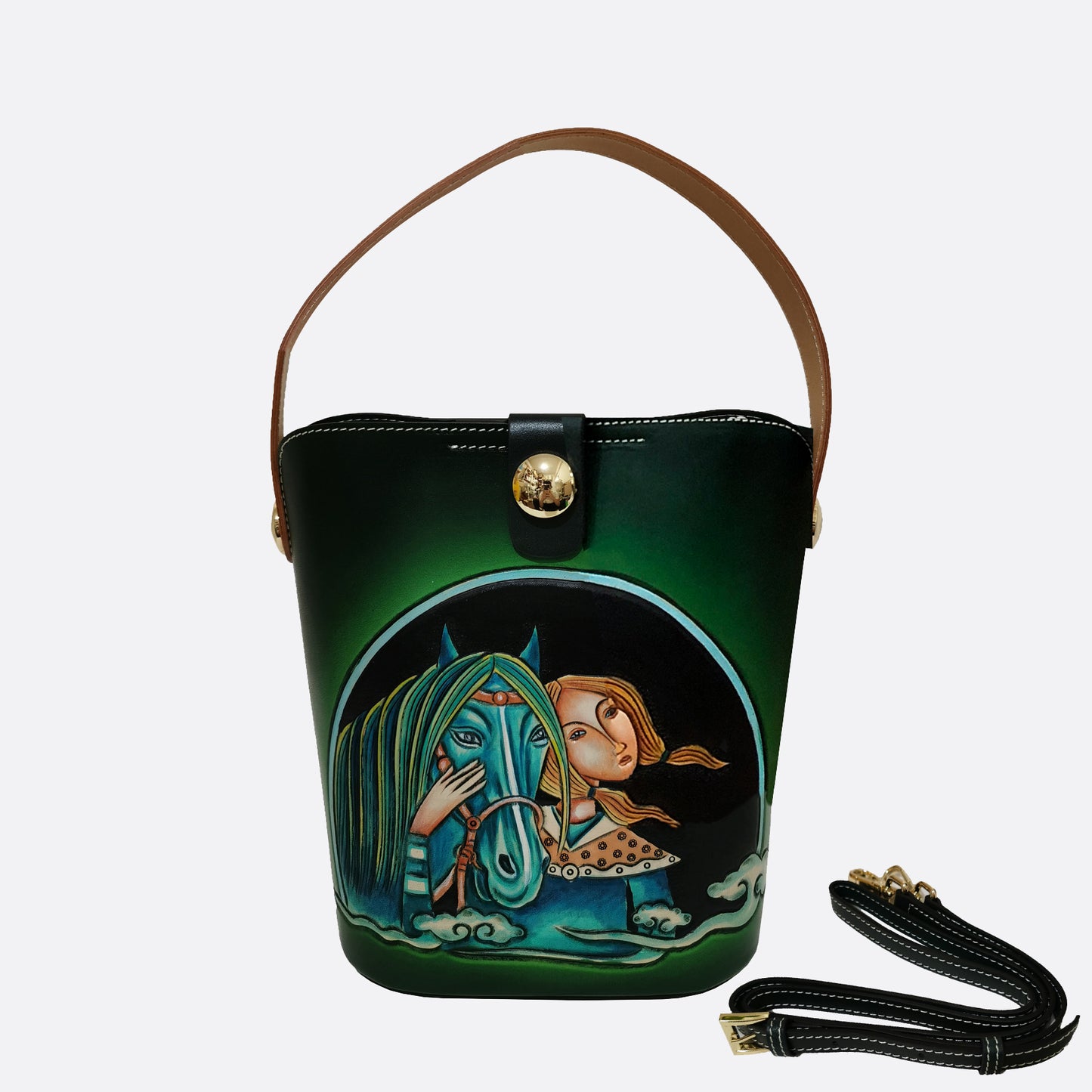 Women's genuine cowhide leather engraved Bucket bag design handbag