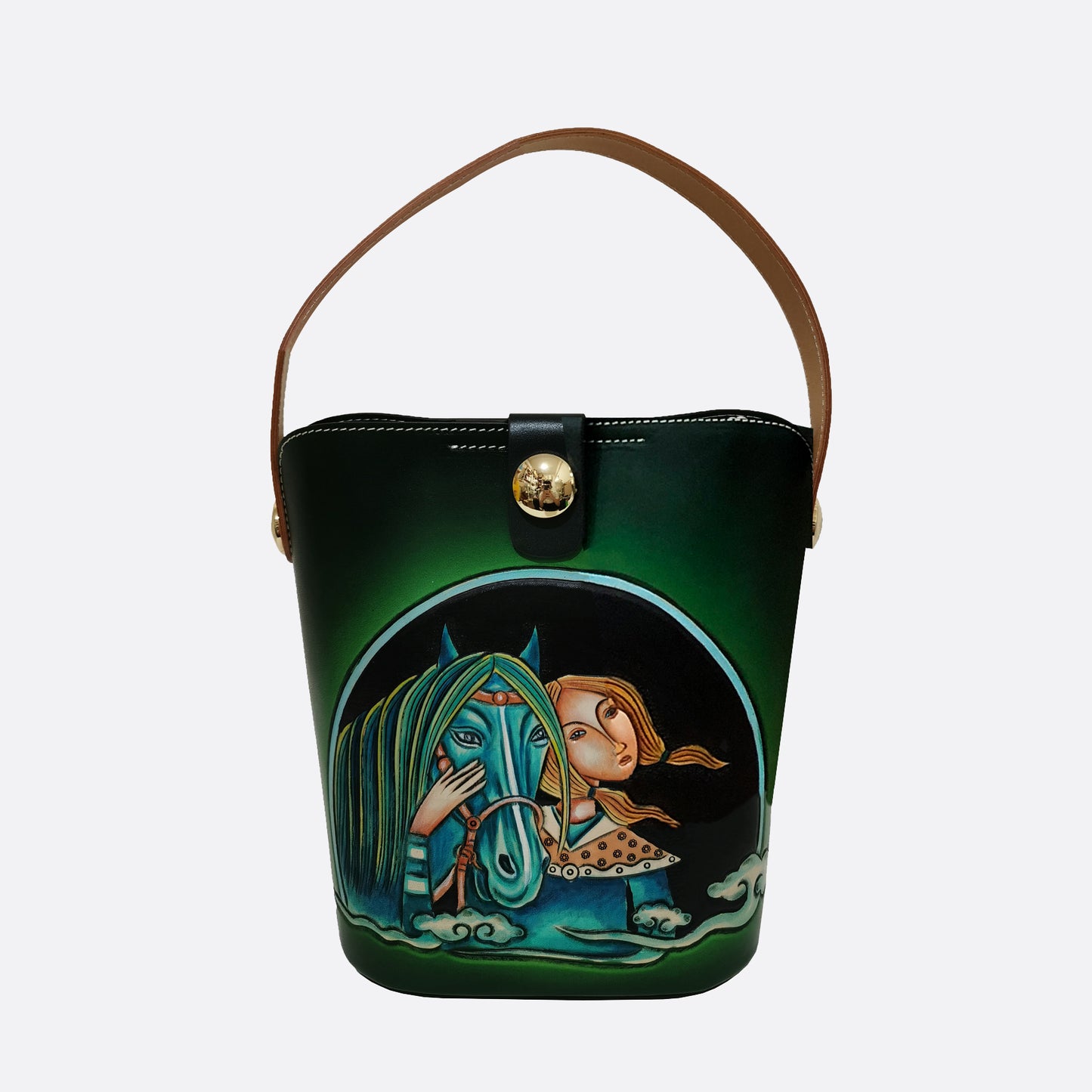 Women's genuine cowhide leather engraved Bucket bag design handbag