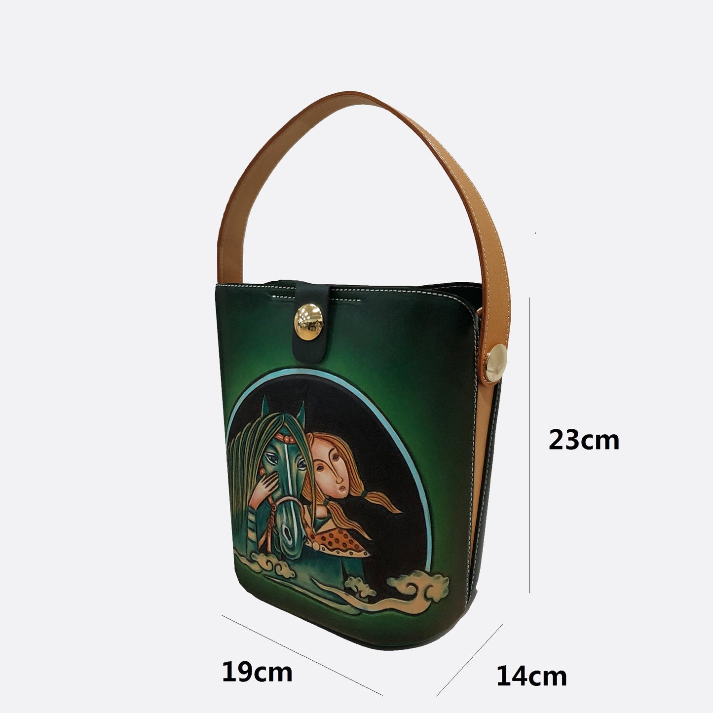 Women's genuine cowhide leather engraved Bucket bag design handbag