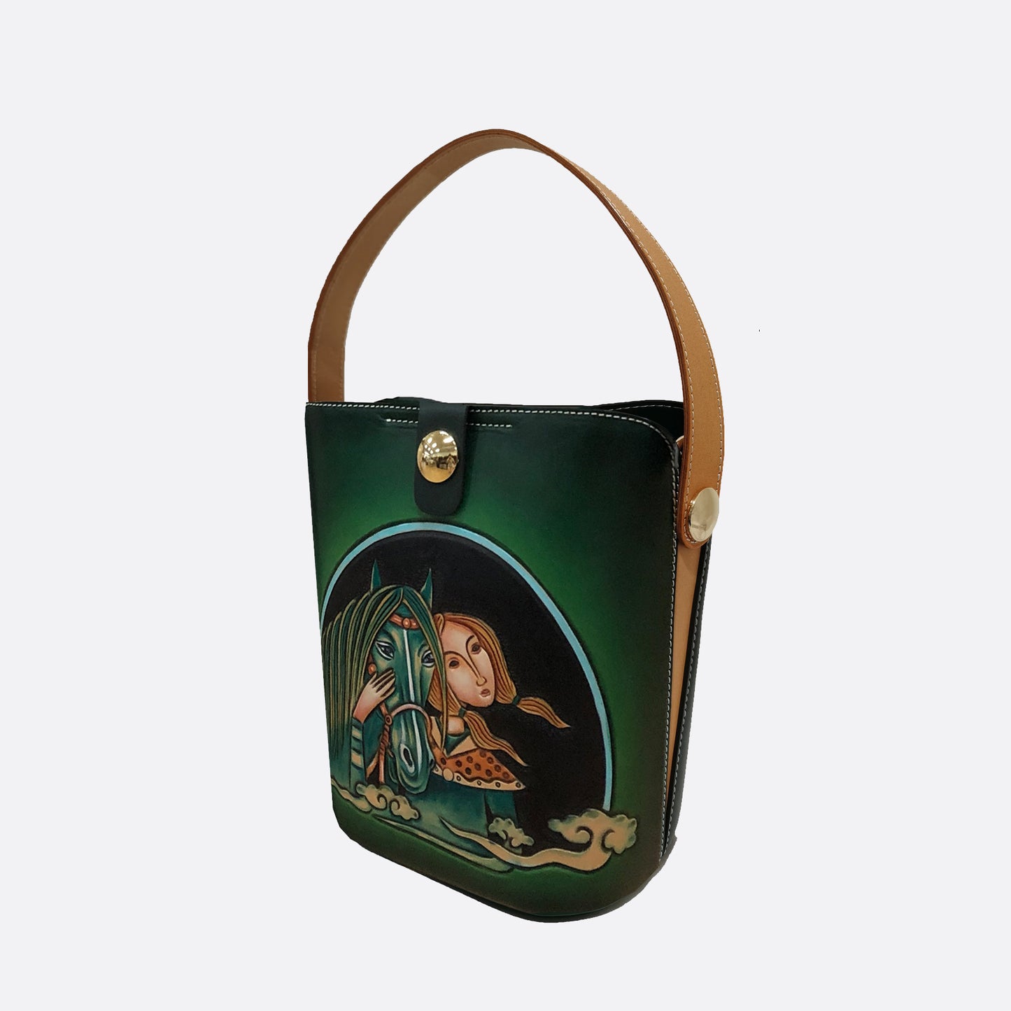 Women's genuine cowhide leather engraved Bucket bag design handbag