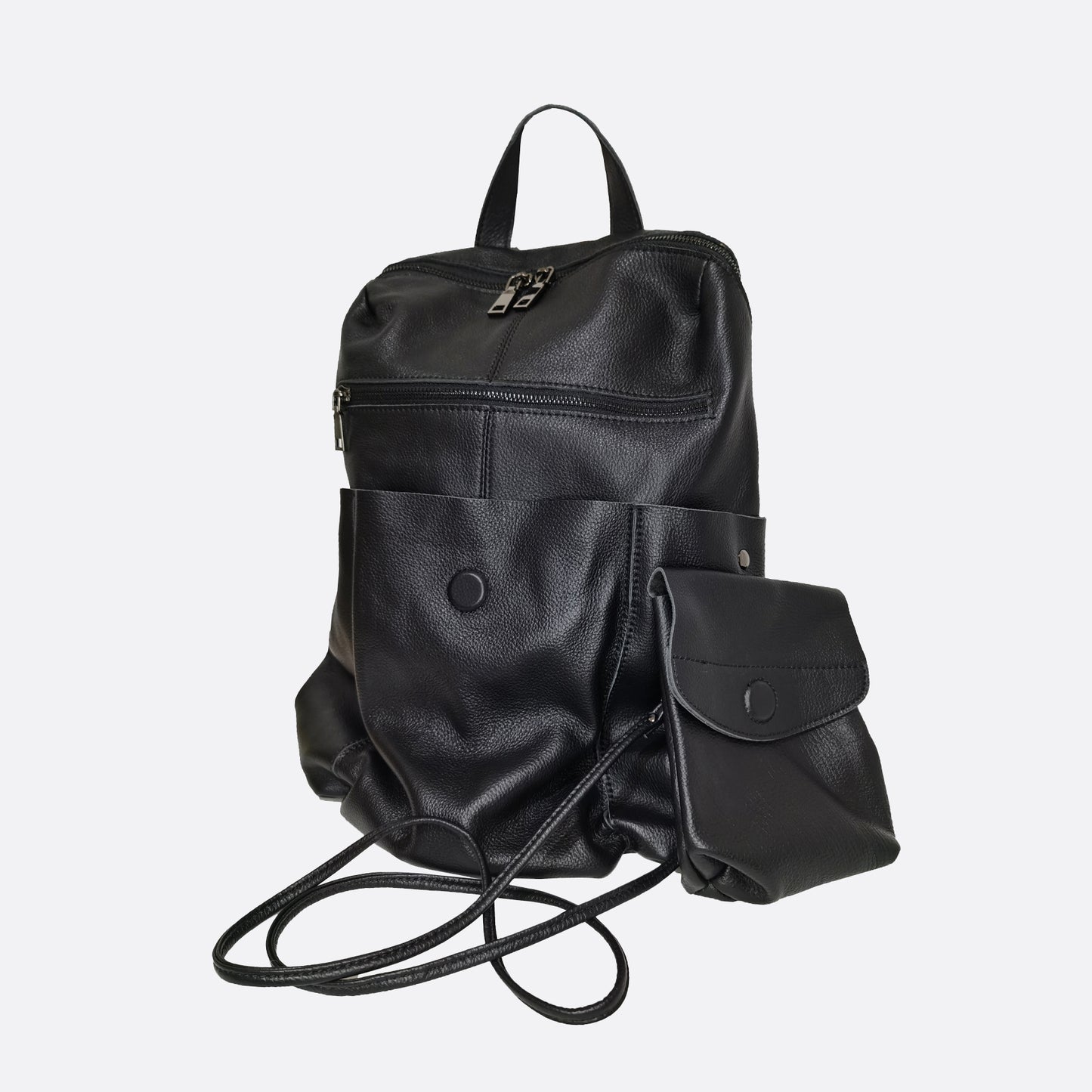 Unisex cowhide leather backpack Snap design with strap pouch