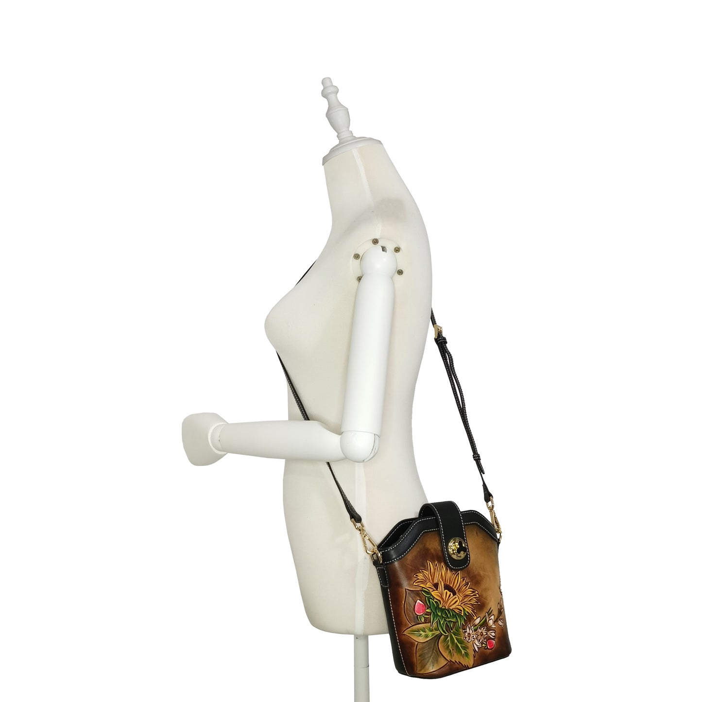 Women's genuine cowhide leather engraved Bucket bag V2 with 2 straps