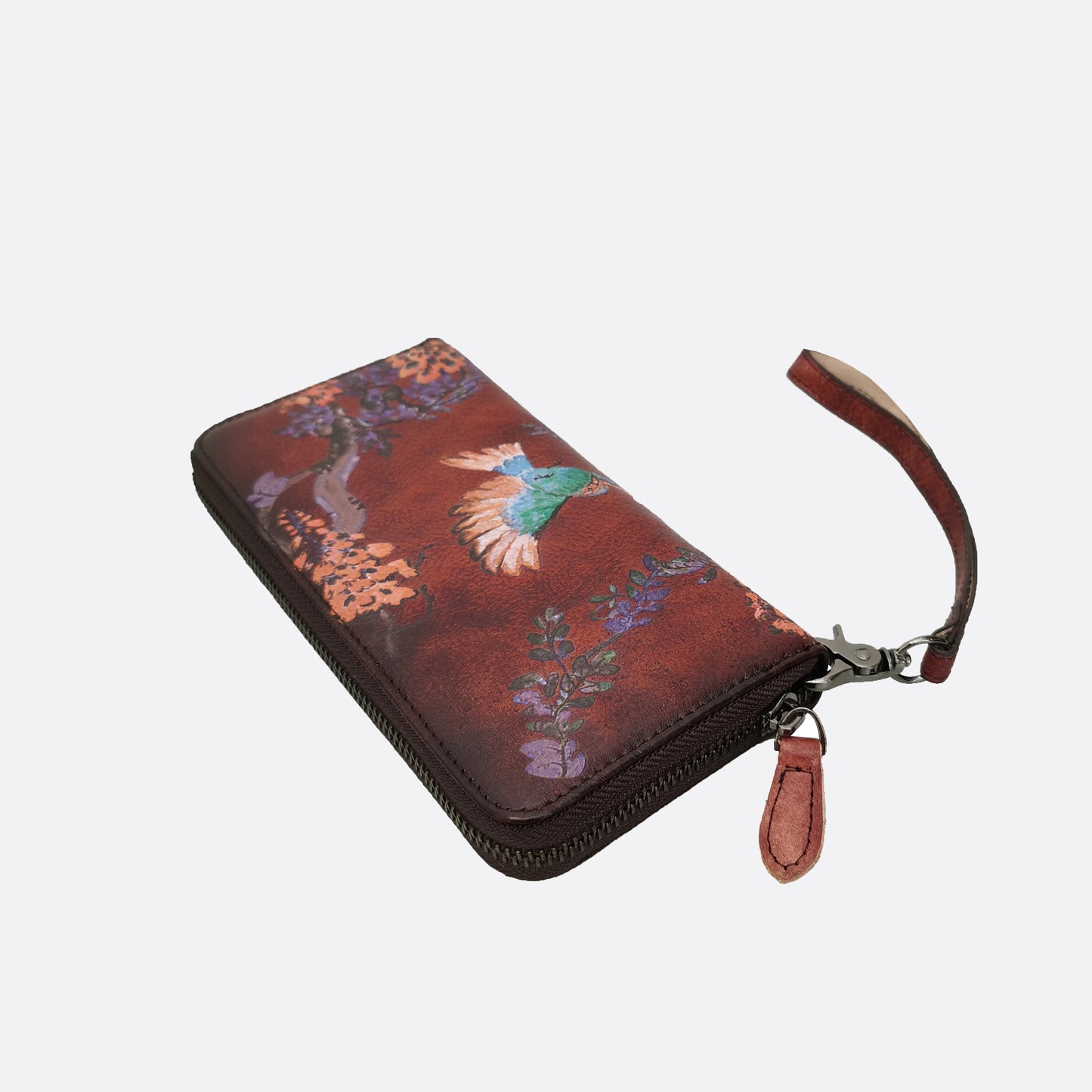 Women's genuine cowhide leather Painting design long wallet with wrist strap