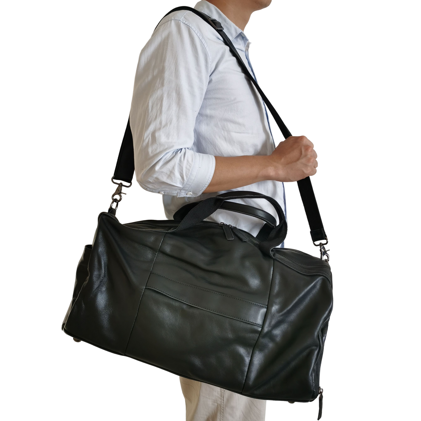 Unisex Women's and Men's genuine cowhide leather duffel travel bag cylinder design