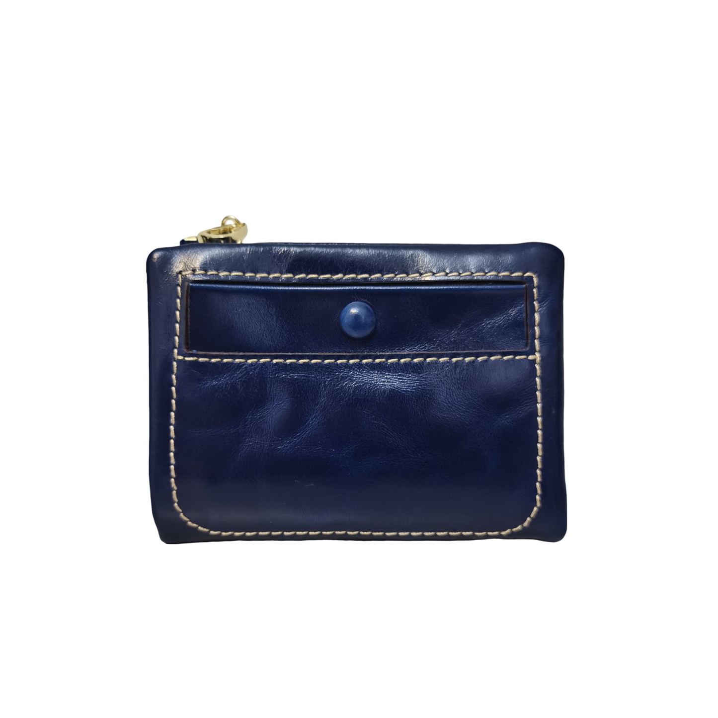 Women's genuine waxed cowhide leather short wallet/coin pouch Button design with zip