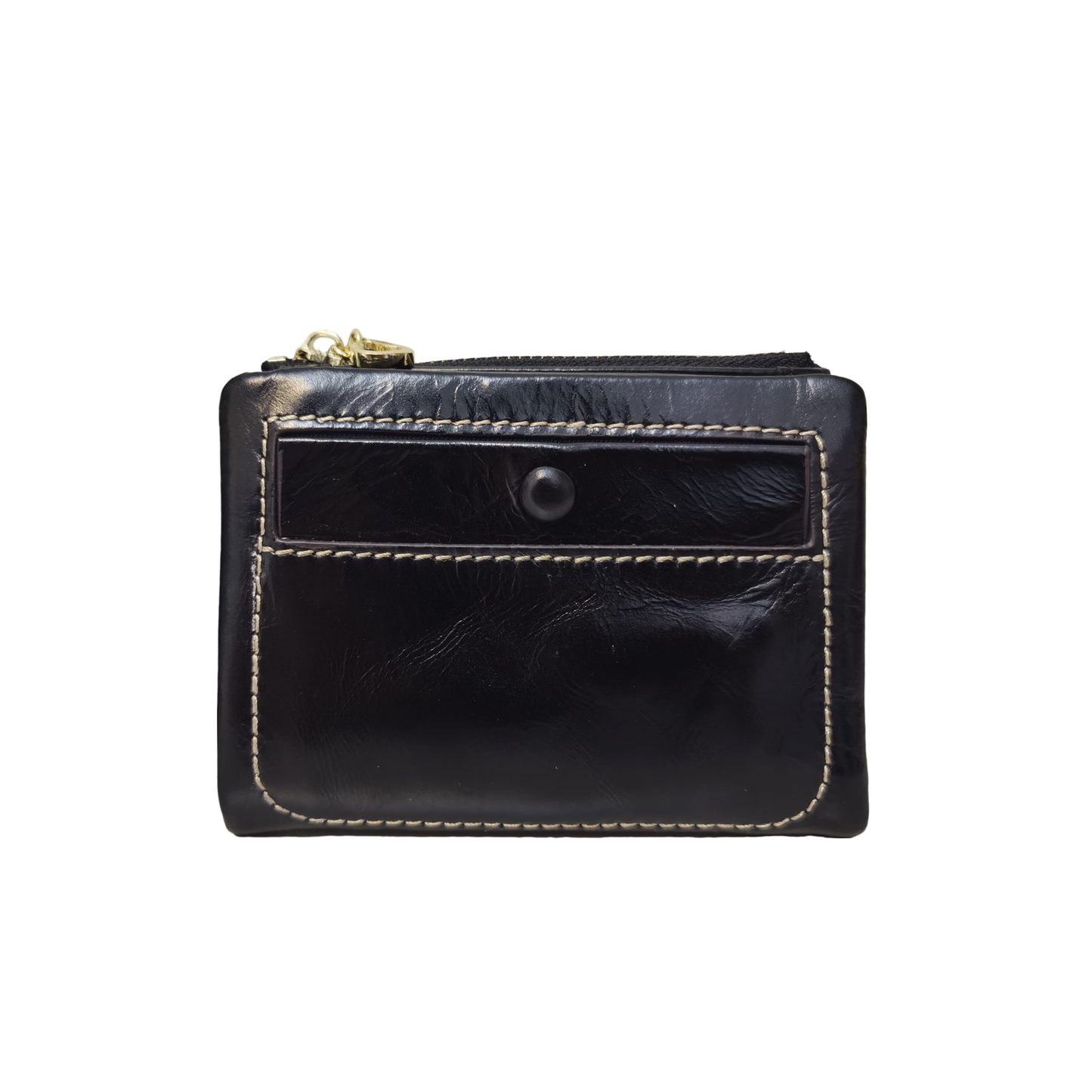 Women's genuine waxed cowhide leather short wallet/coin pouch Button design with zip