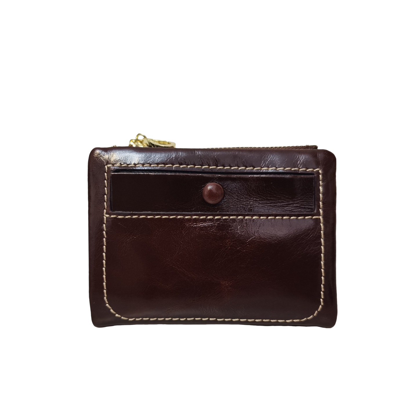 Women's genuine waxed cowhide leather short wallet/coin pouch Button design with zip