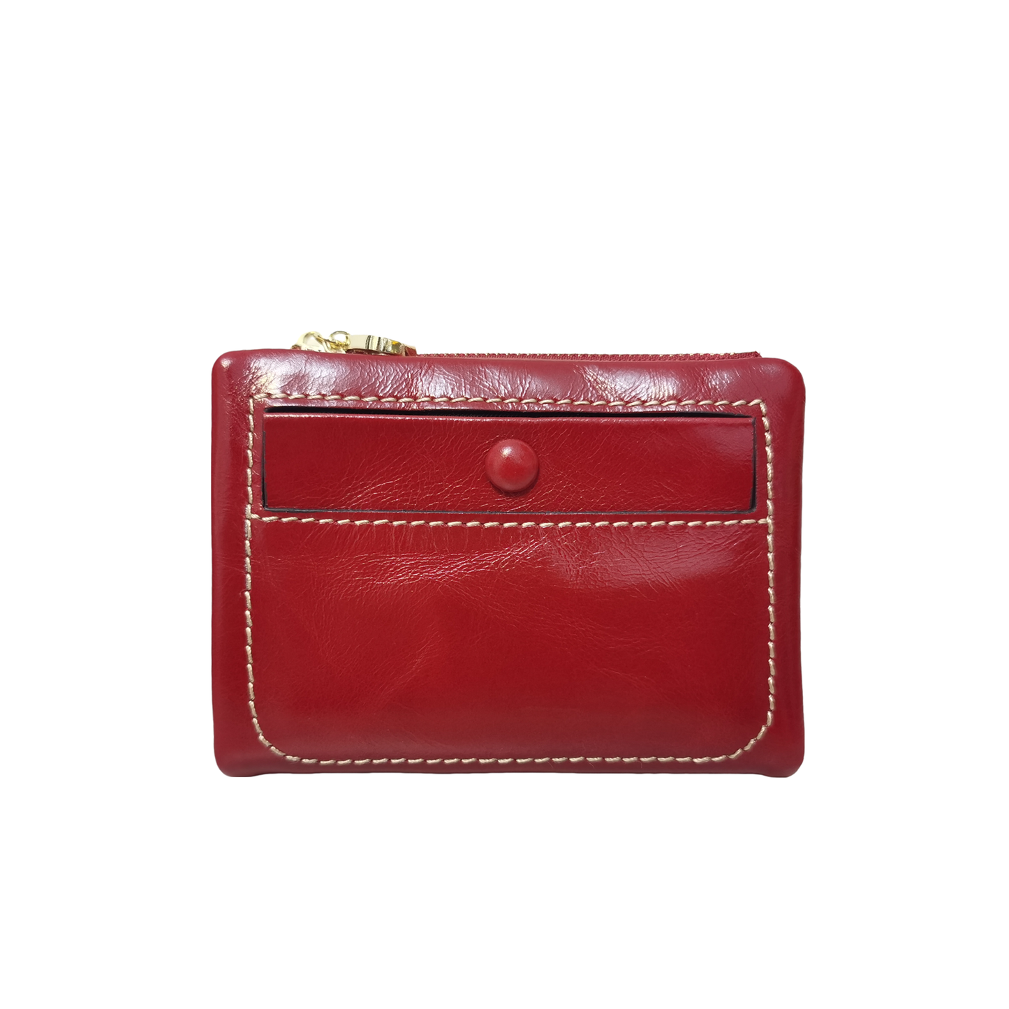 Women's genuine waxed cowhide leather short wallet/coin pouch Button design with zip