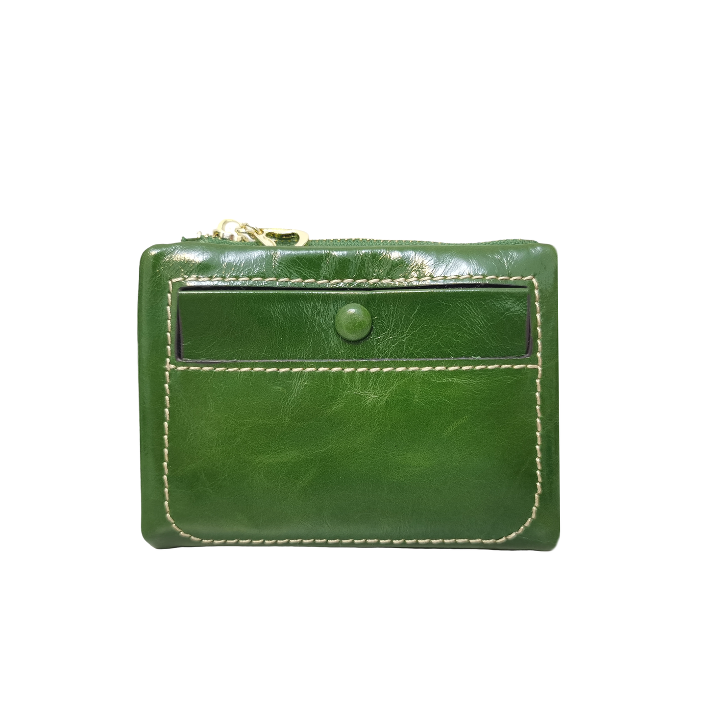 Women's genuine waxed cowhide leather short wallet/coin pouch Button design with zip