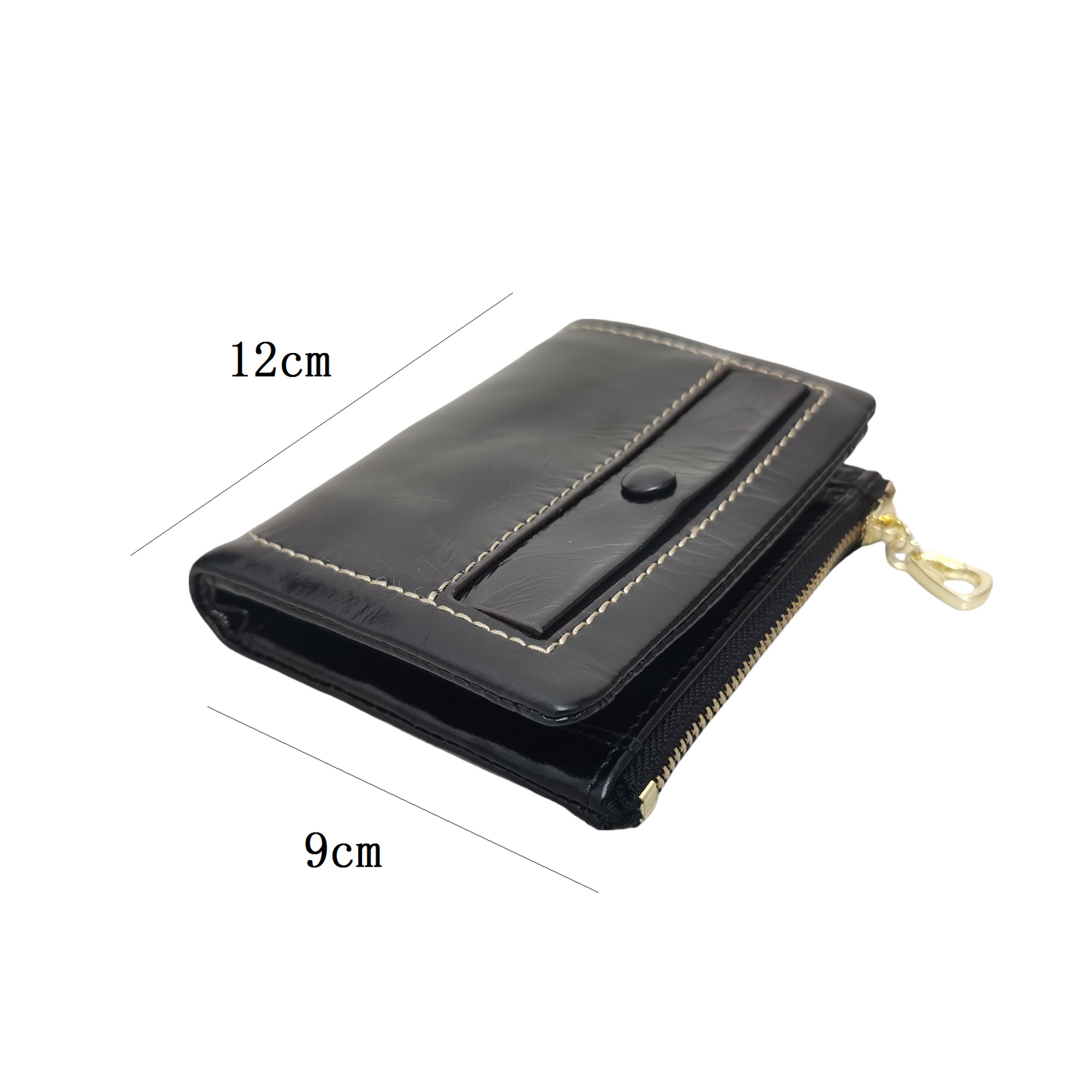 Women's genuine waxed cowhide leather short wallet/coin pouch Button design with zip