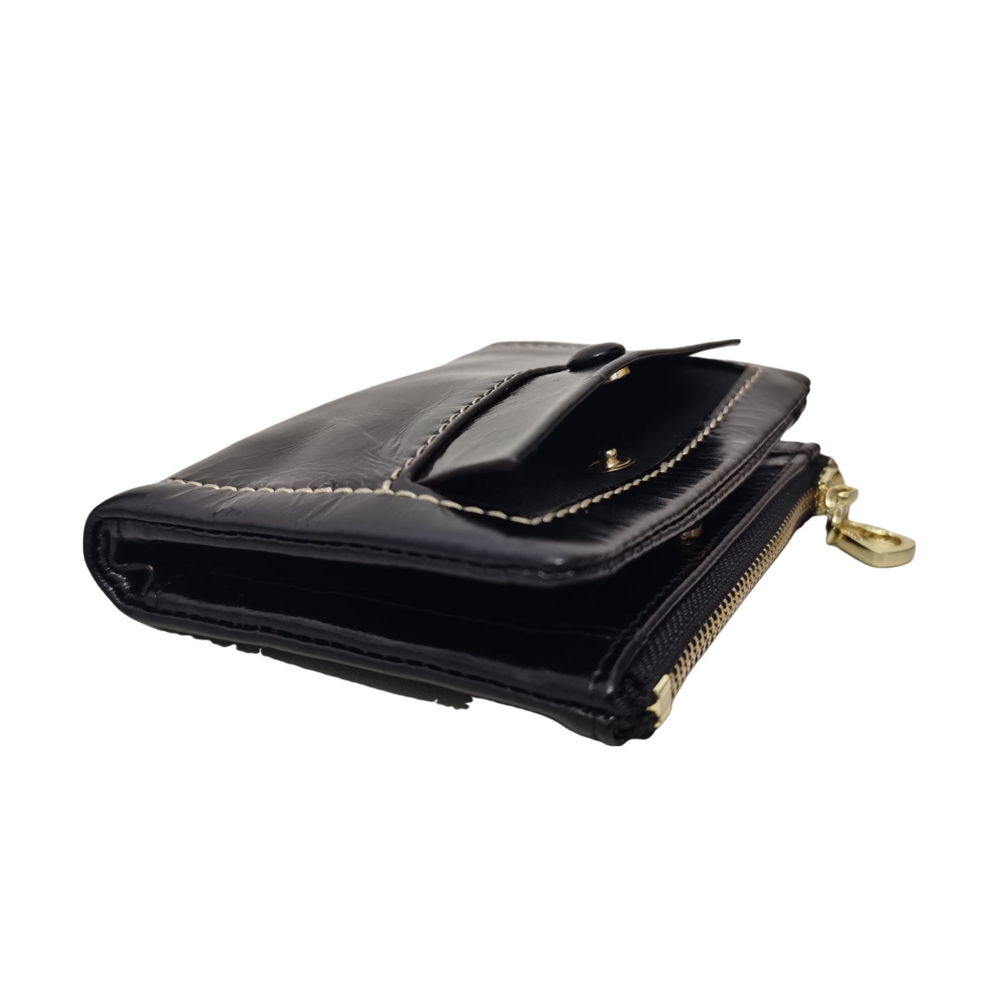 Women's genuine waxed cowhide leather short wallet/coin pouch Button design with zip