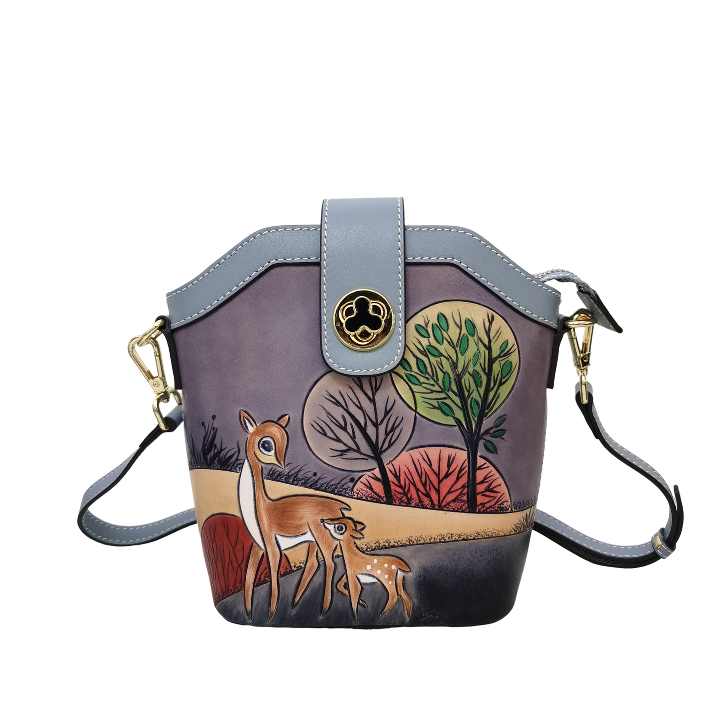 Women's genuine cowhide leather engraved Bucket bag V2 with 2 straps