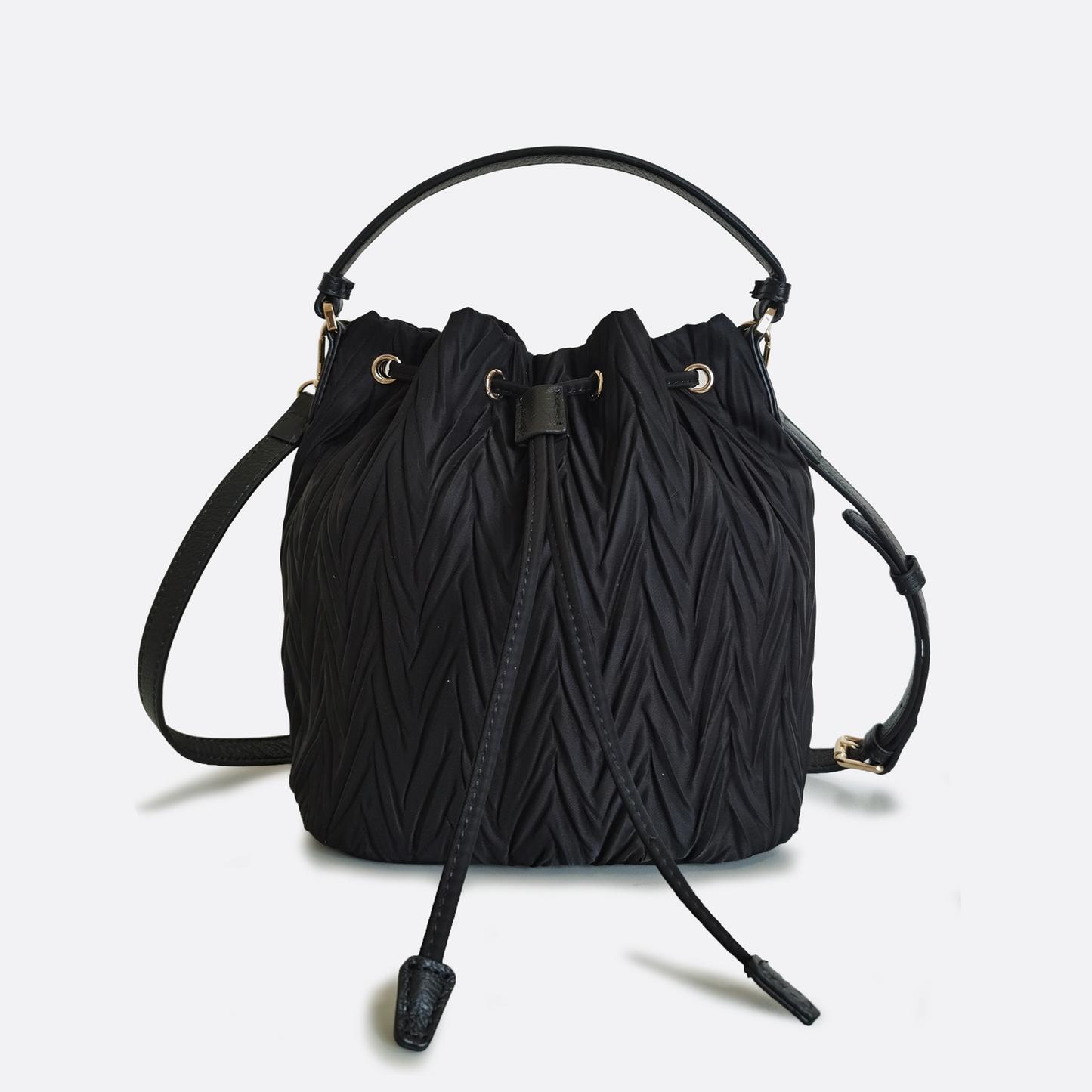 Women's nylon mix genuine cowhide leather bucket bag