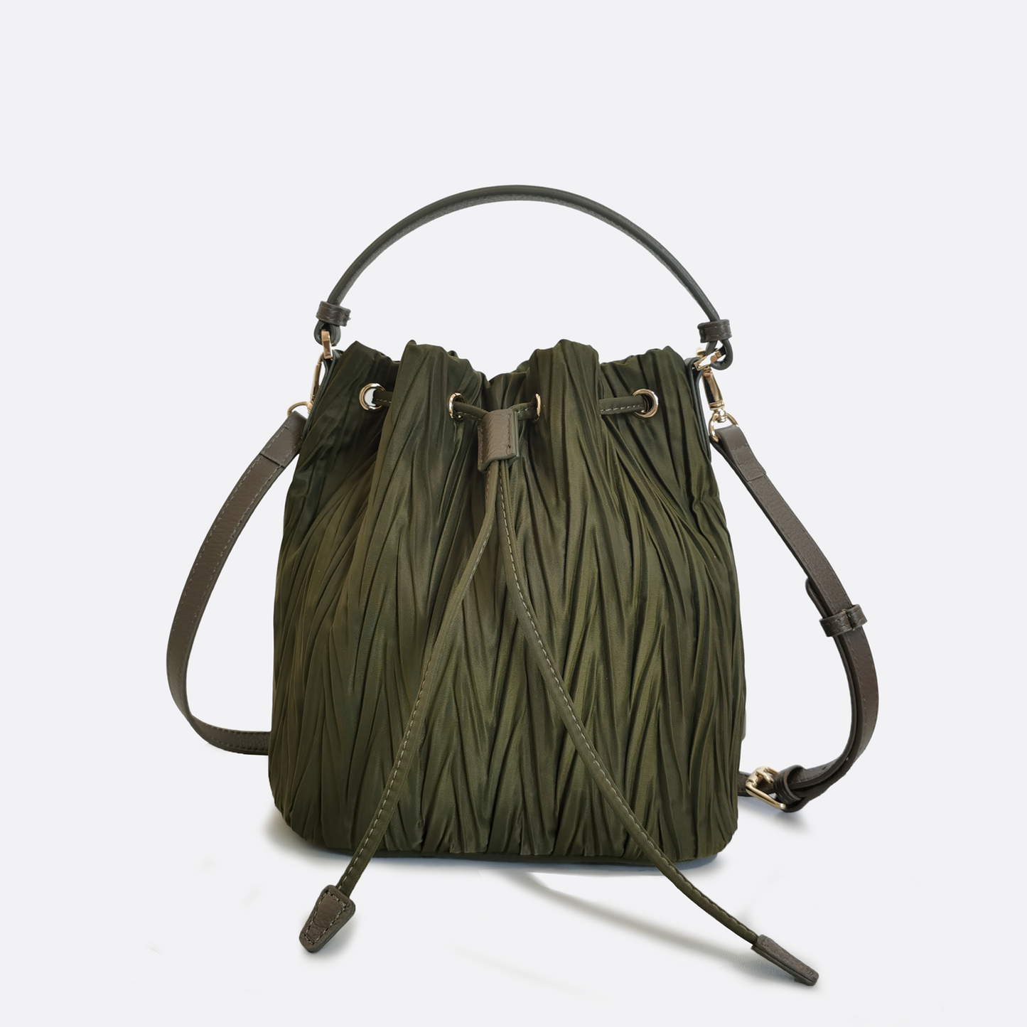 Women's nylon mix genuine cowhide leather bucket bag