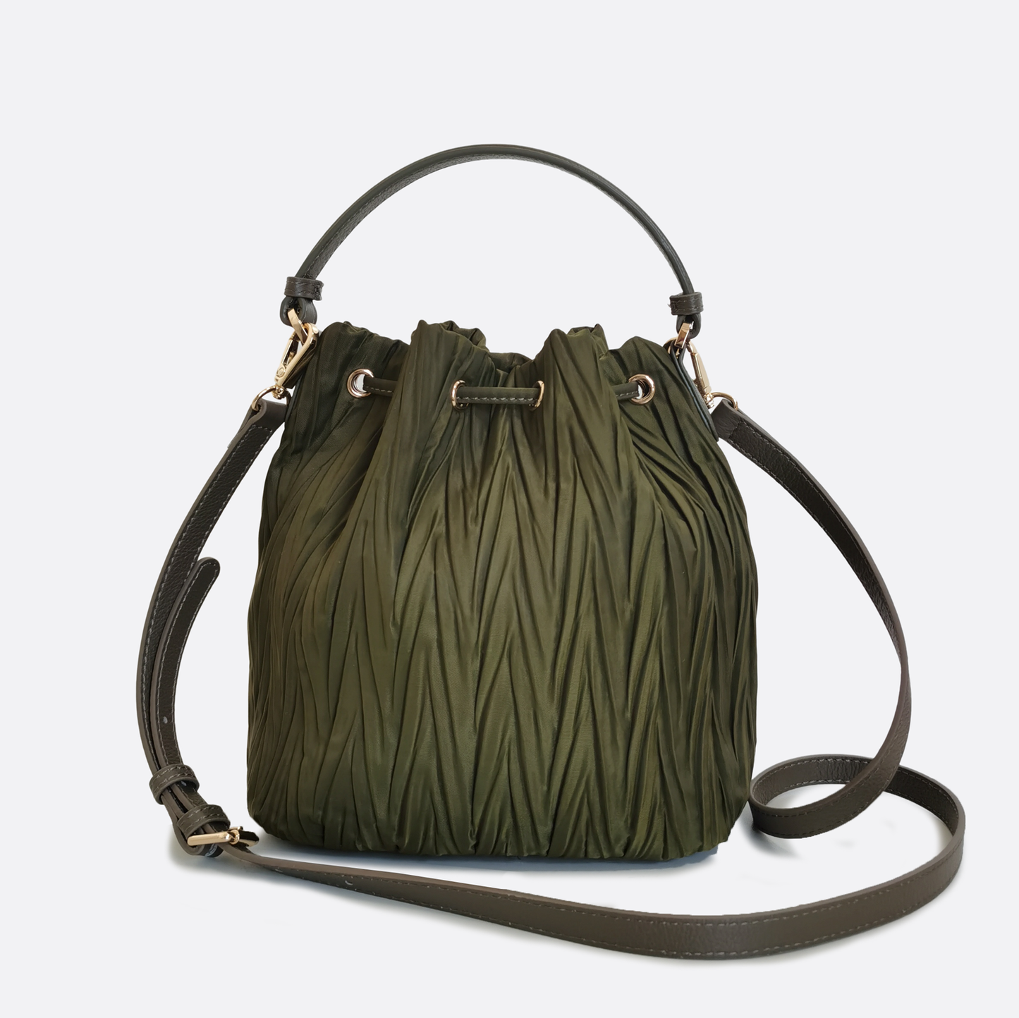 Women's nylon mix genuine cowhide leather bucket bag