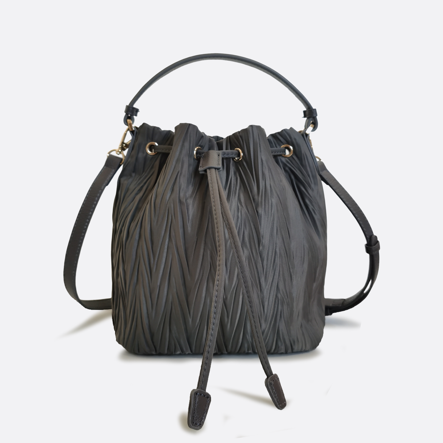 Women's nylon mix genuine cowhide leather bucket bag