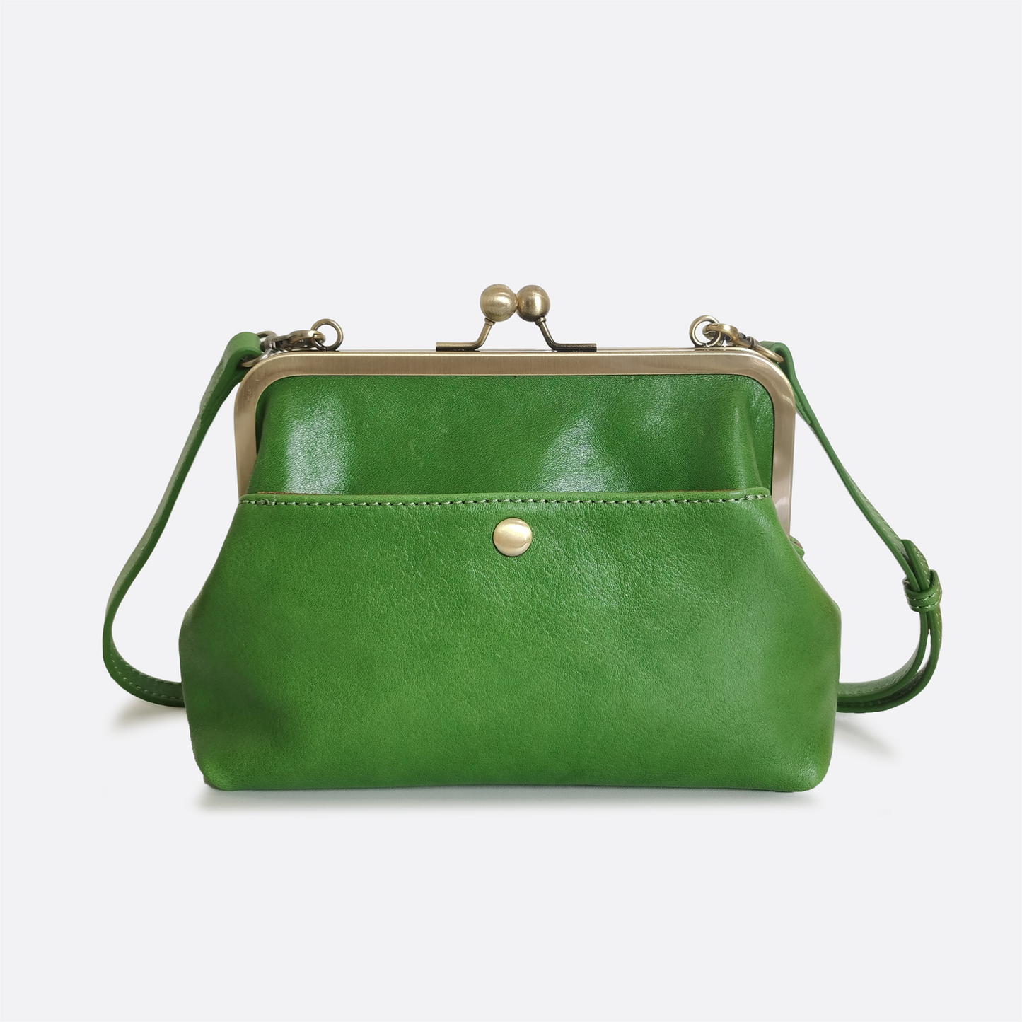 Women's genuine cowhide leather kiss lock vintage clutch handbag