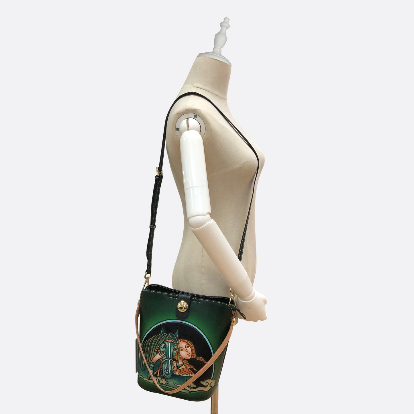 Women's genuine cowhide leather engraved Bucket bag design handbag