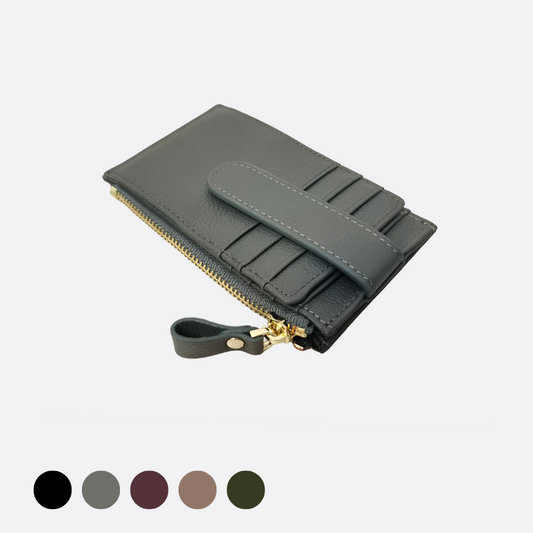 Unisex cowhide leather card holder with buckle and zip