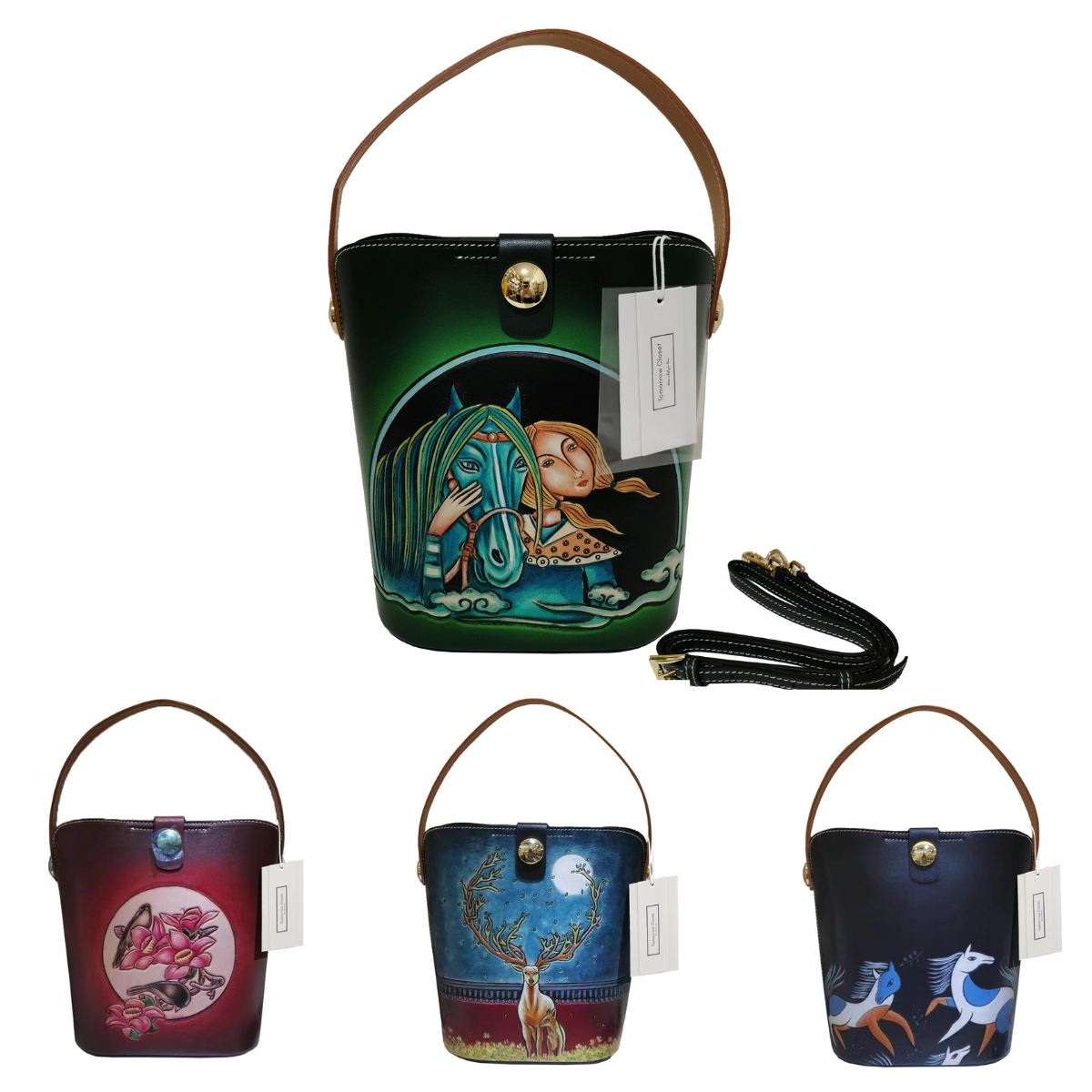 Women's genuine cowhide leather engraved Bucket bag design handbag