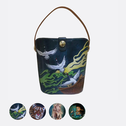 Women's genuine cowhide leather engraved Bucket bag design handbag